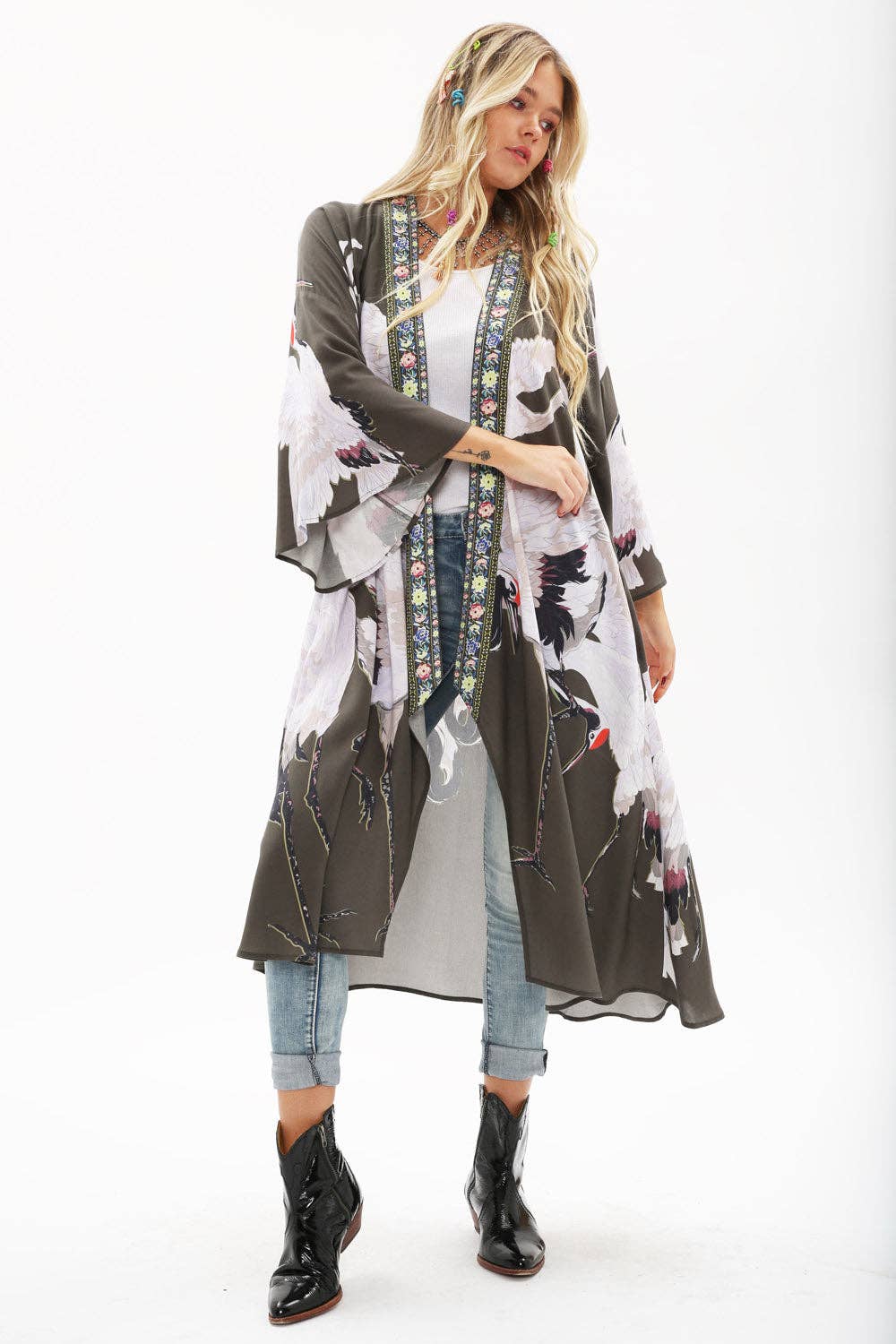 Story of the Crane Kimono - Charcoal | Bohemian Coverup Robe