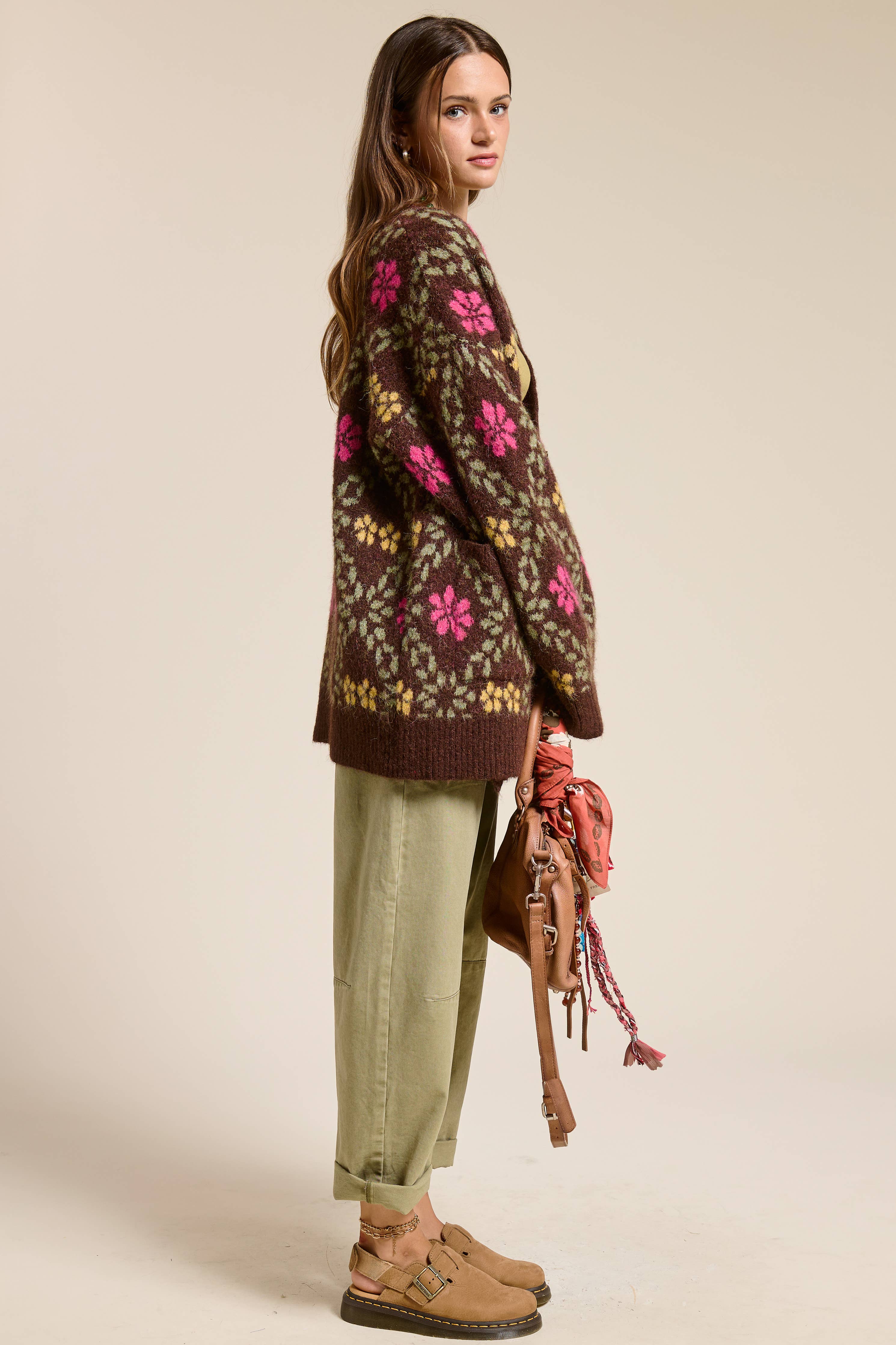 Retro Floral Print Fuzzy Knit Cardigan