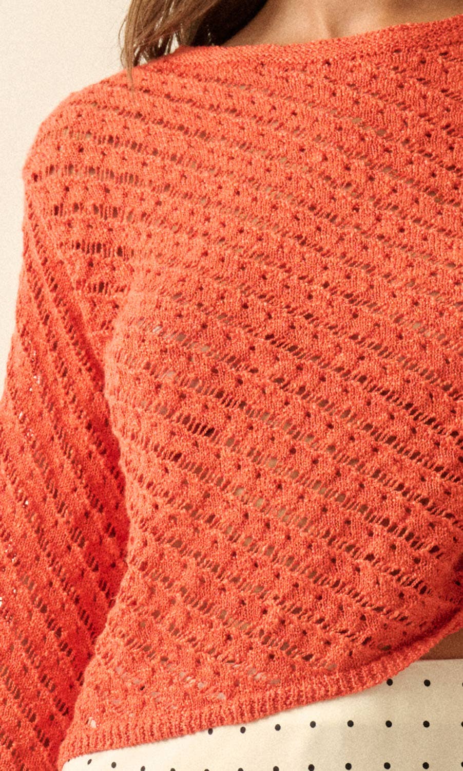 Solid Crochet-Knit Bell-Sleeve Cropped Sweater