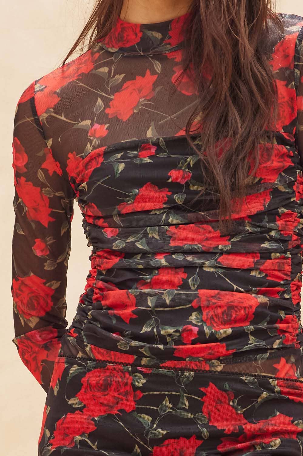 Floral Mesh Ruched Mock-Neck Bodysuit