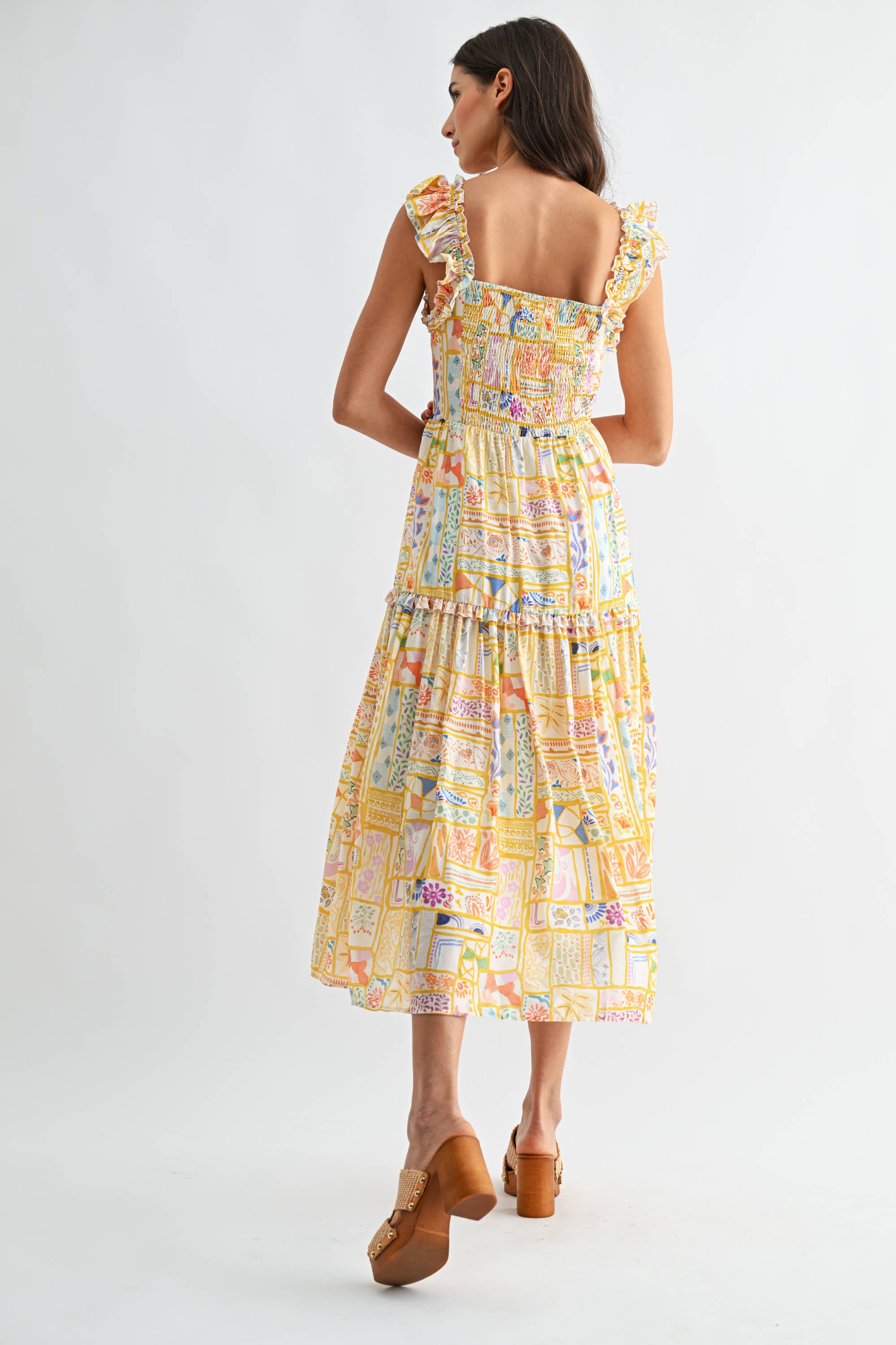 Patchwork Print Ruffle Strap Midi Dress
