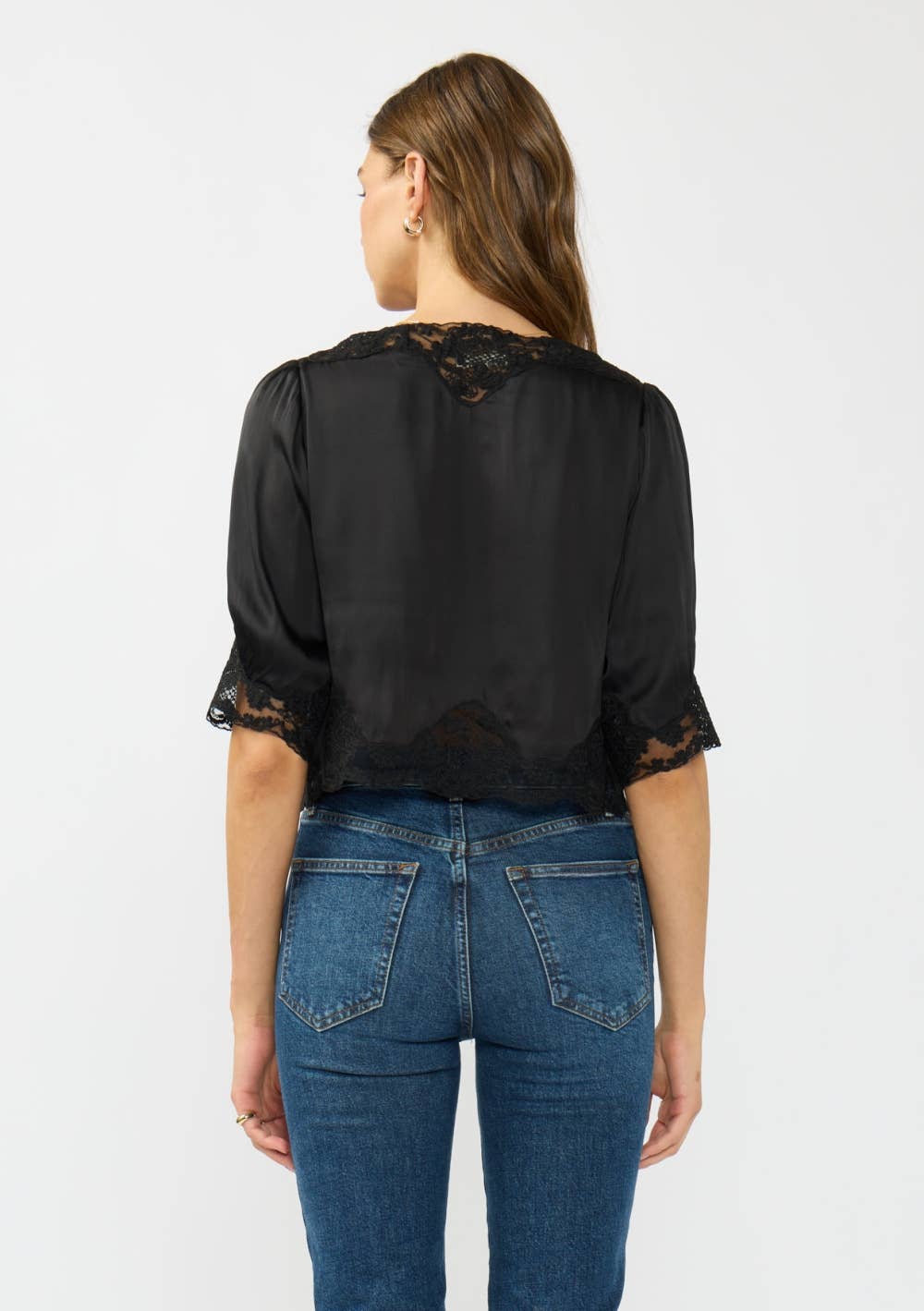 V-Neck Button Front Blouse with Lace Trim