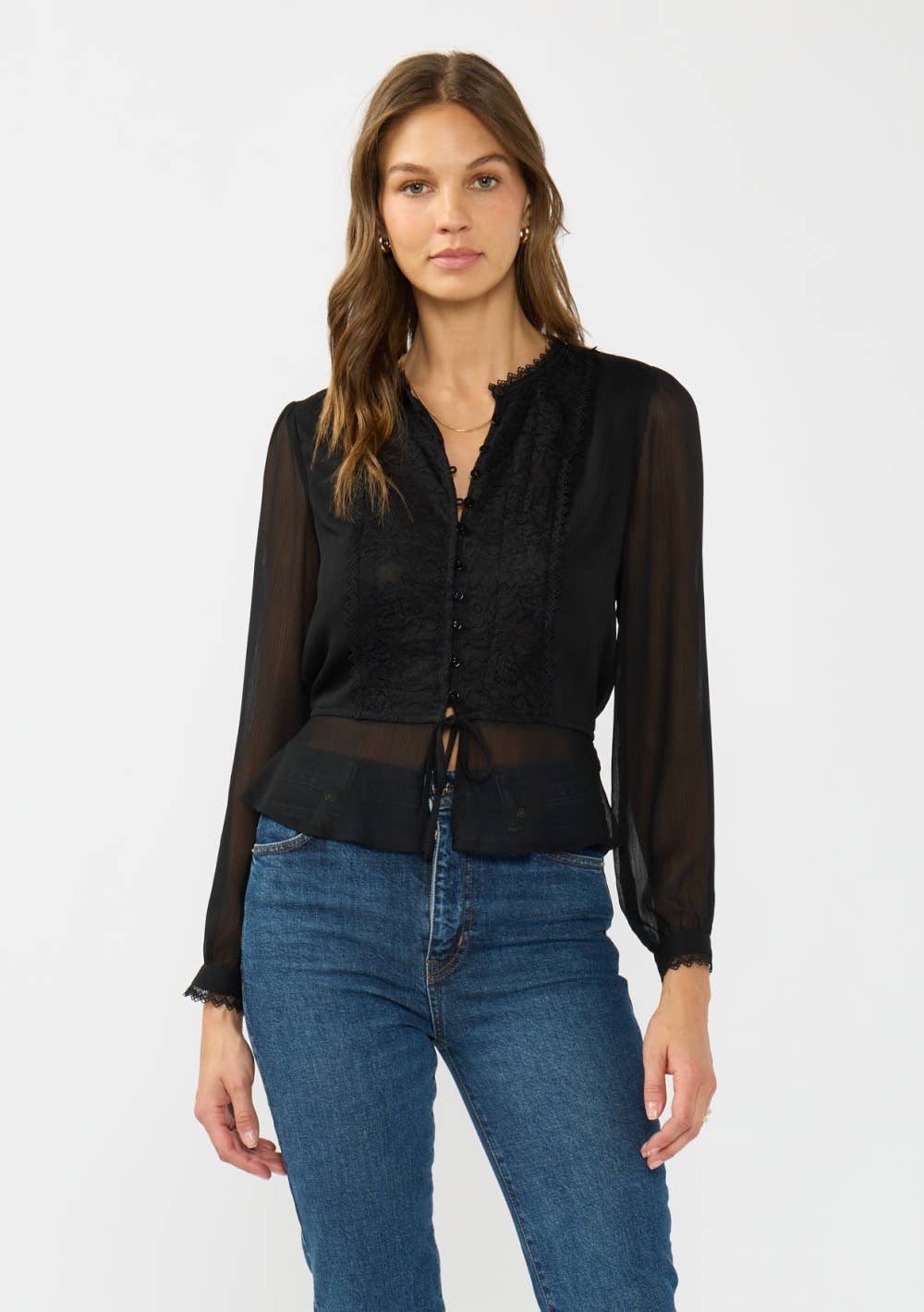 Long Sleeve Button Down Drawcord Blouse with Lace Accent