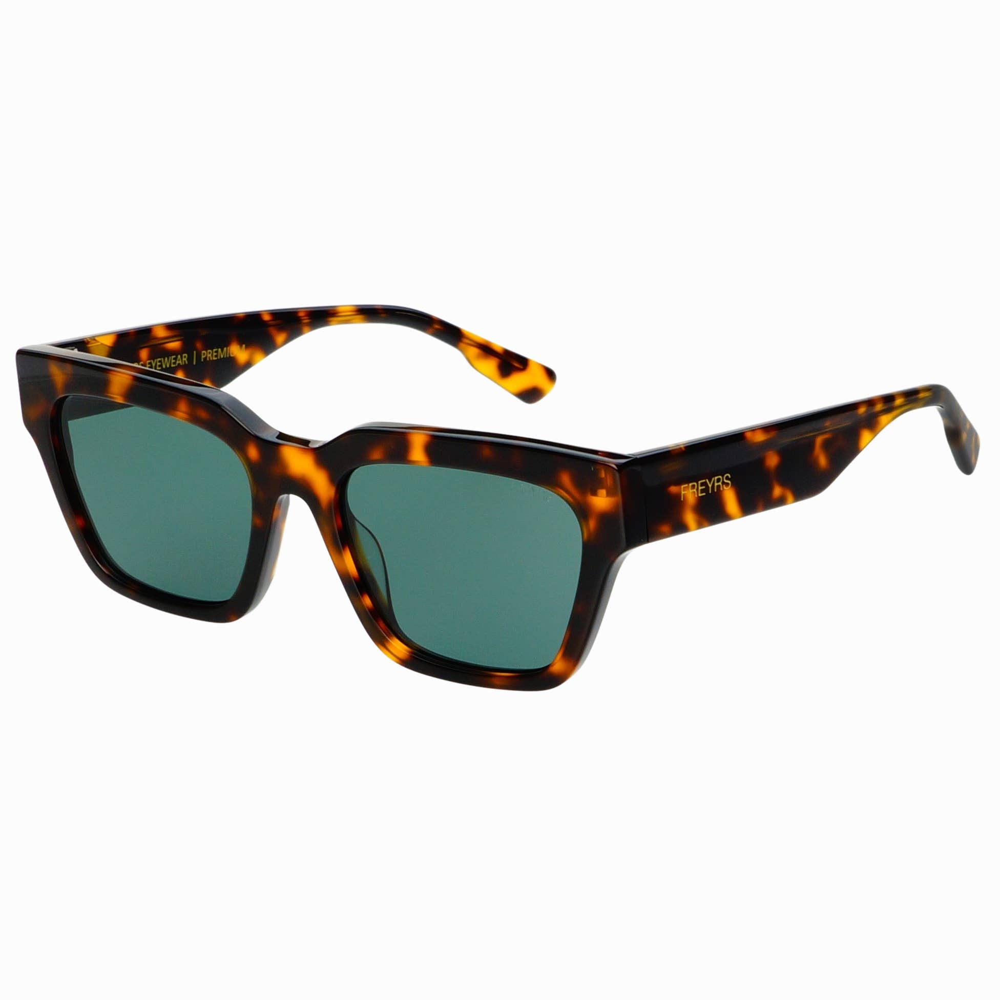The Hayden Acetate Mens Rectangular Sunglasses by FREYRS Eyewear feature thick tortoiseshell handmade acetate frames and green tinted UV-protection lenses, displayed angled on a white background.