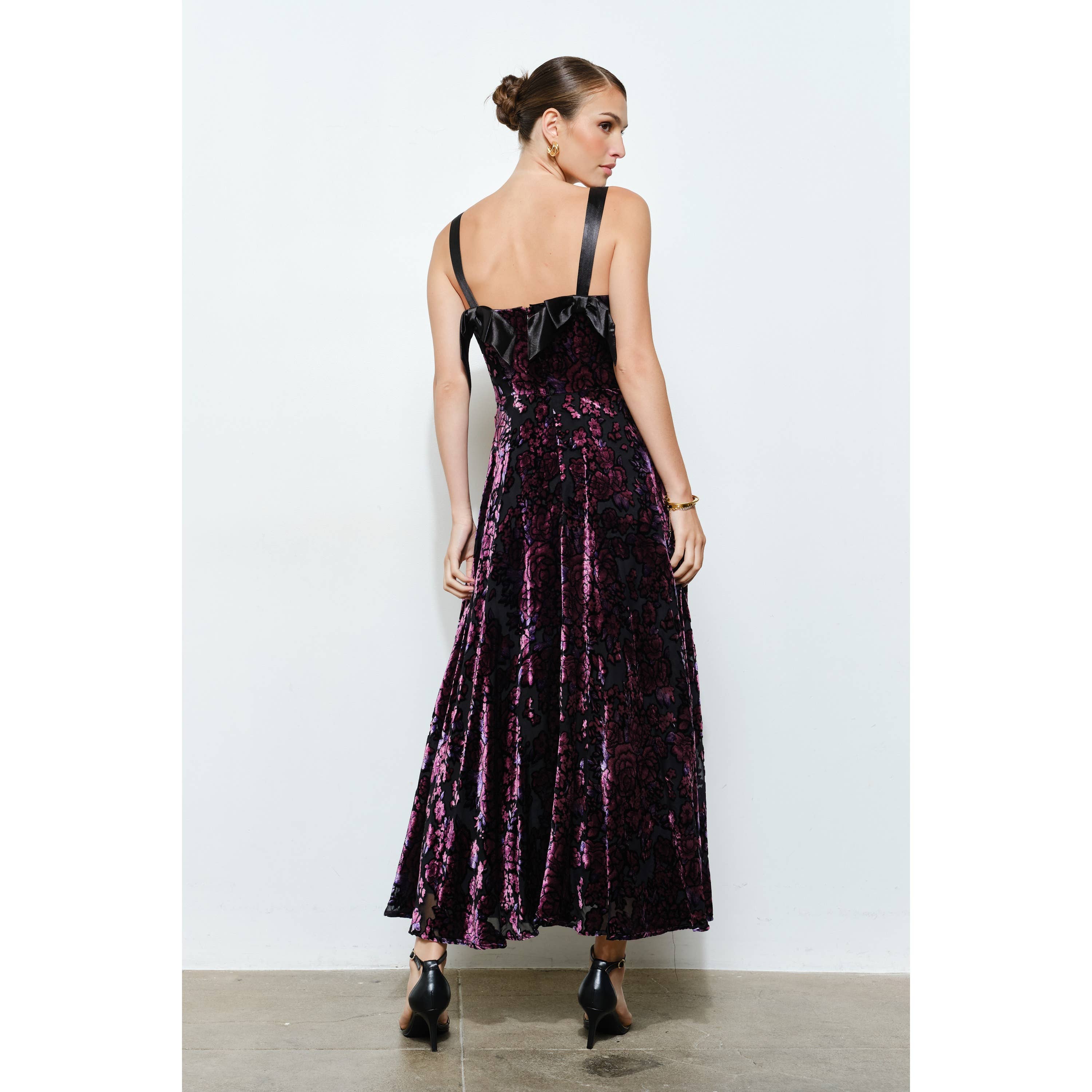 Velvet Floral Bow-Back A-Line Maxi Dress