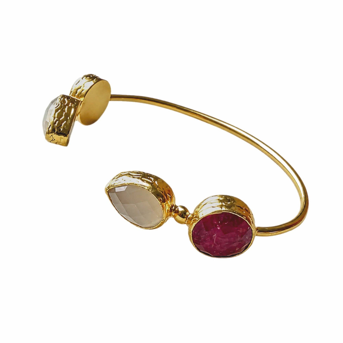 Ruby and Snow Quartz Cuff Bangle | Miray gold tone cuff with ruby and snow quartz stones