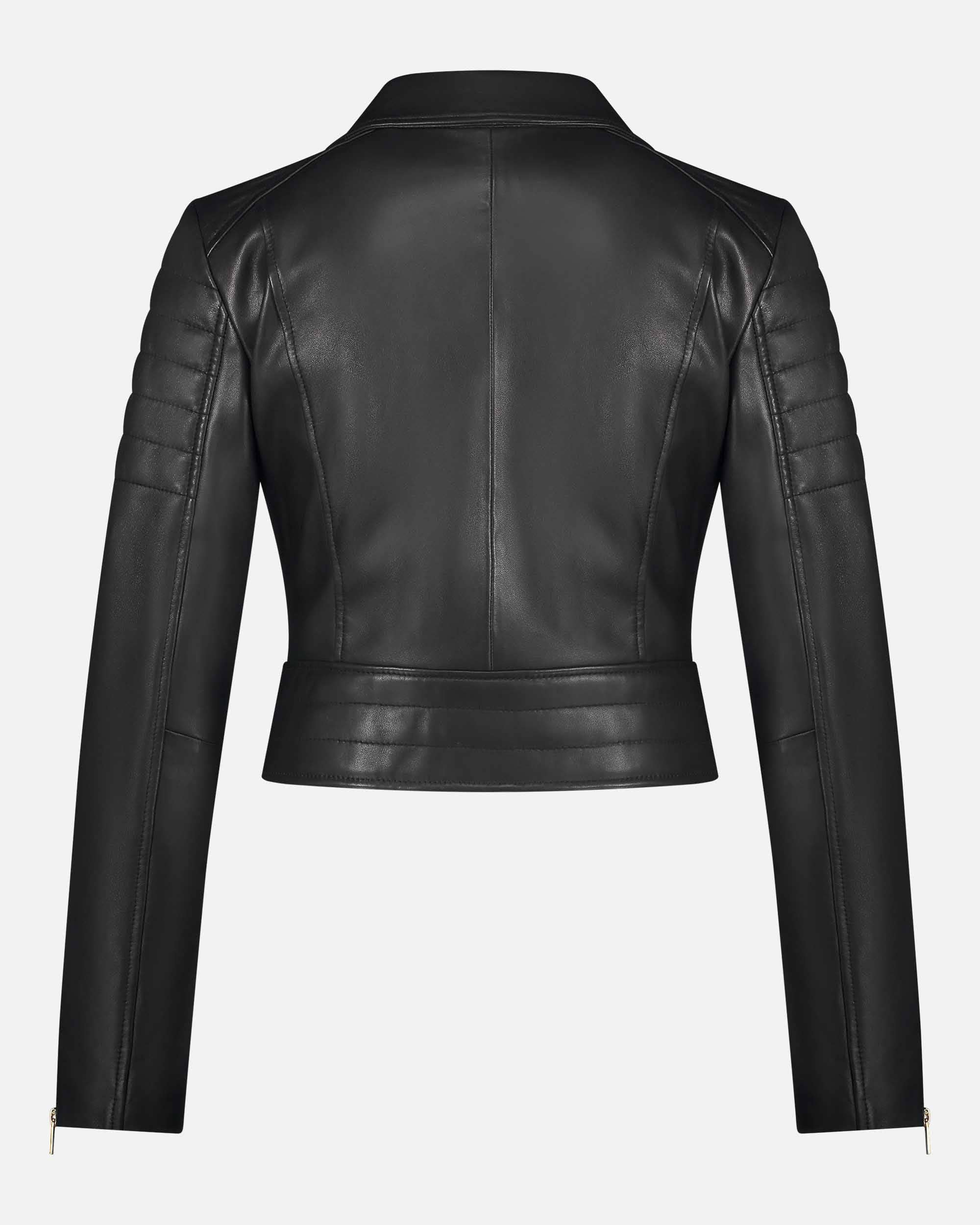 Back view of sleek black Eureka | Leather Biker Jacket showcasing tailored seams and padded sleeve details