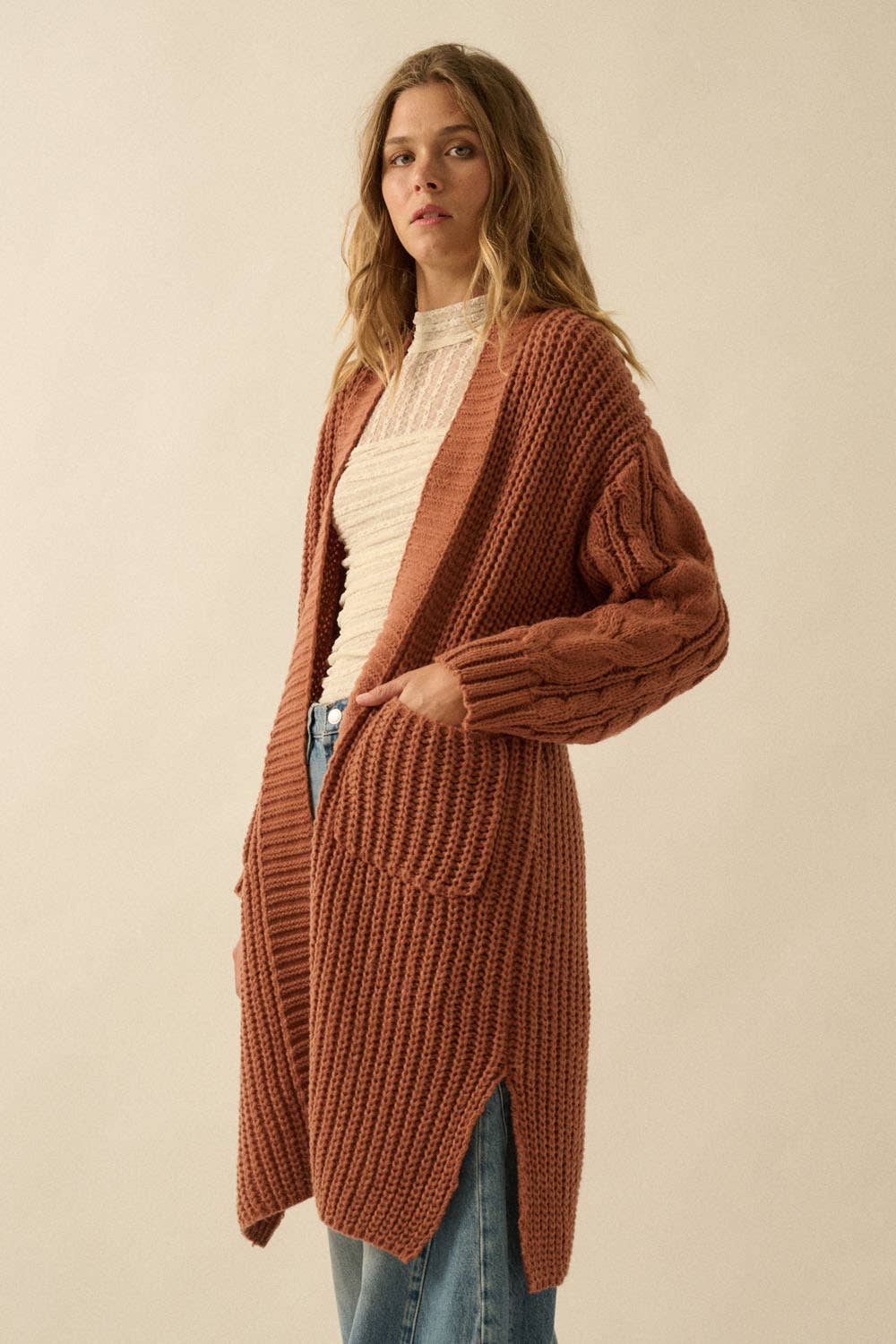 Solid Rib Knit Open Front Cable Knit Cardigan