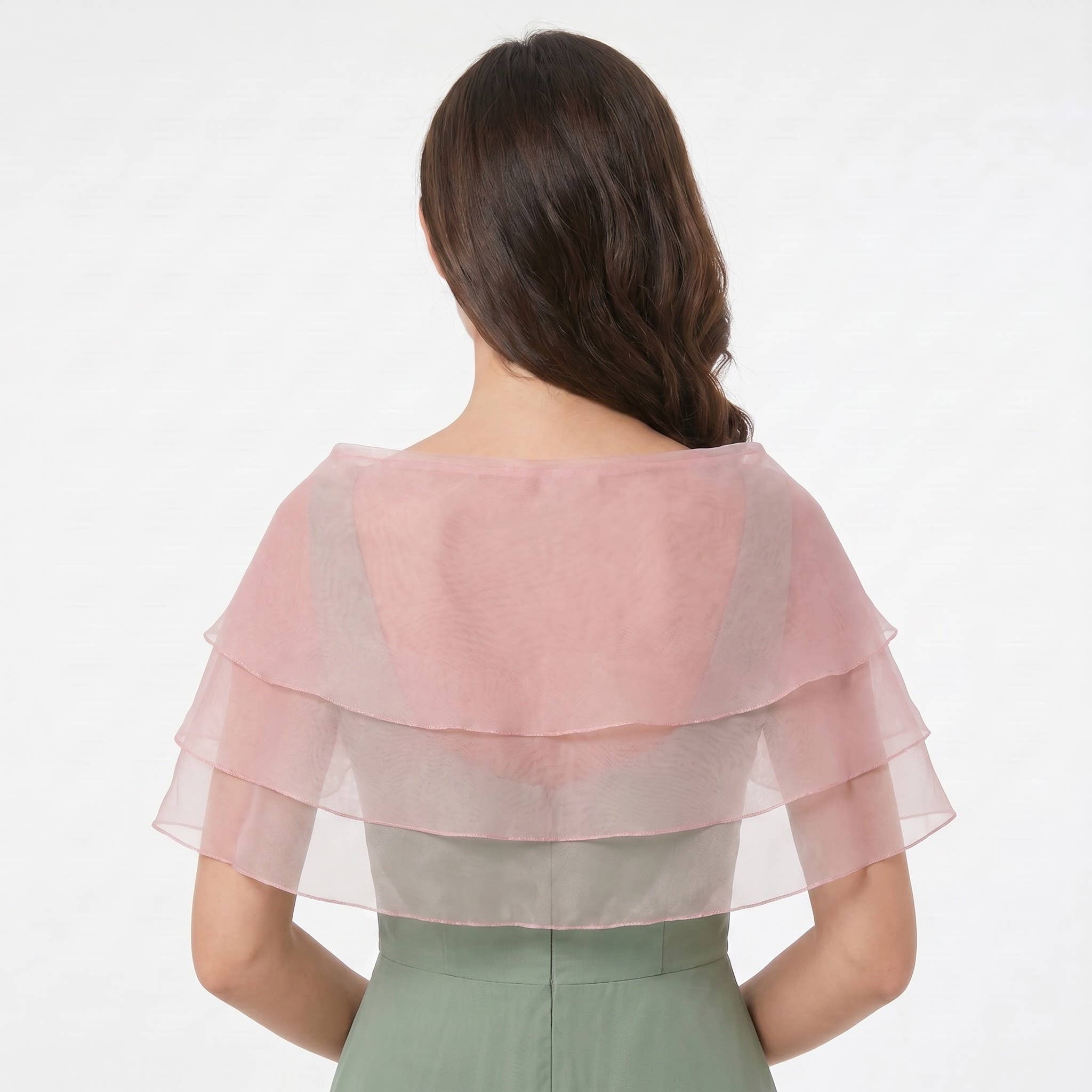 Sheer Organza Shoulder Shawl with Layered Ruffle Trim and Elegant Off-Shoulder Drape 14IN