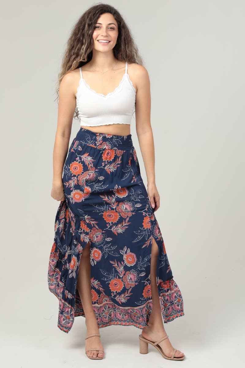 B6A82-A905 FLORAL PRINT DOUBLE SLIT MAXI SKIRT