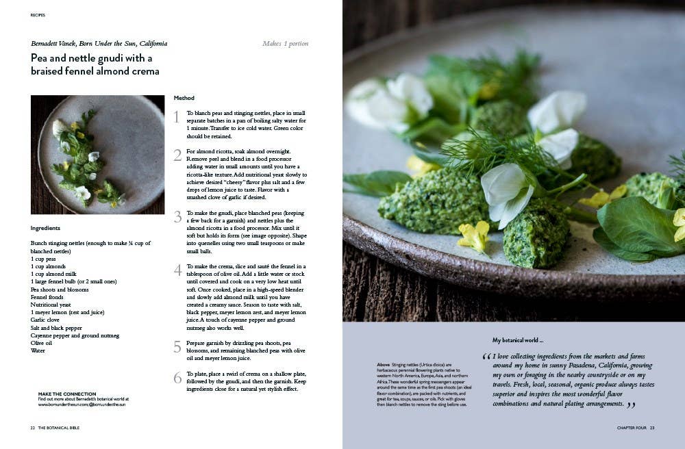 Open cookbook page featuring a recipe next to a close-up of fresh green herbs and white flowers titled Botanical Bible