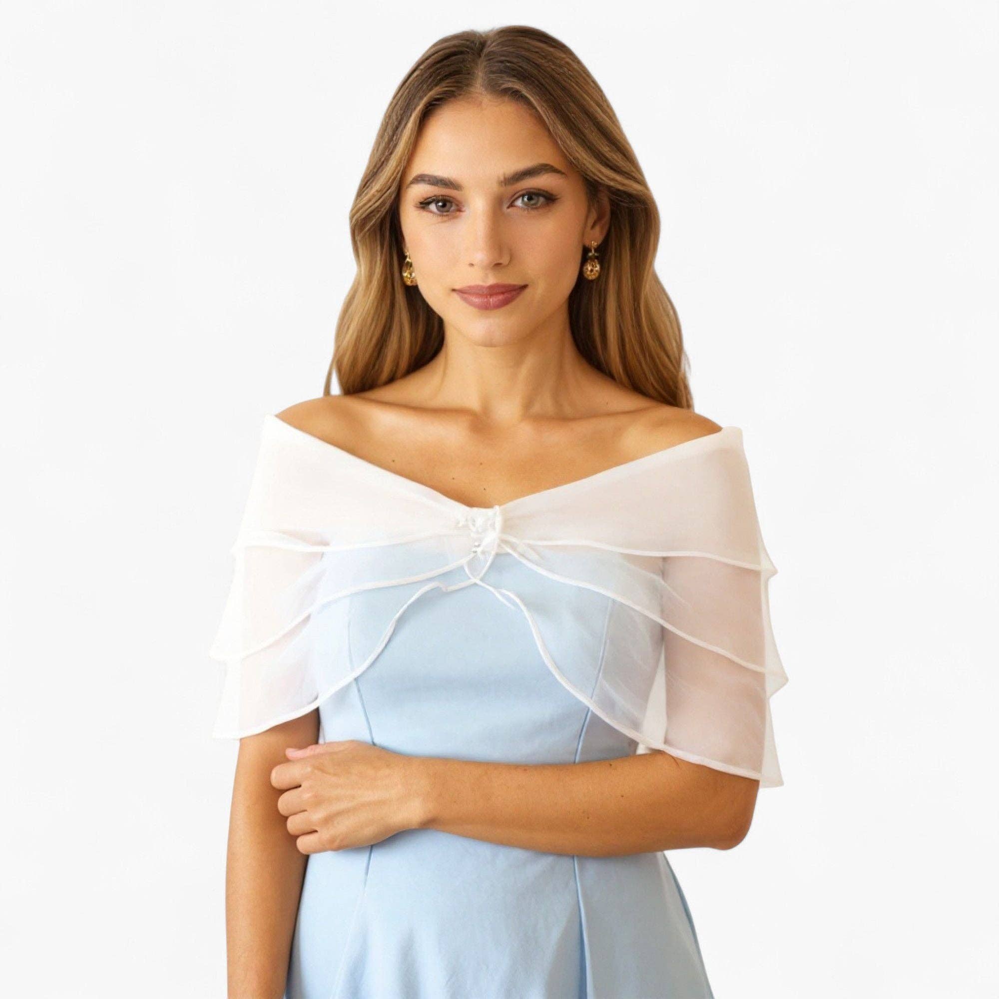 Sheer Organza Shoulder Shawl with Layered Ruffle Trim and Elegant Off-Shoulder Drape 14IN