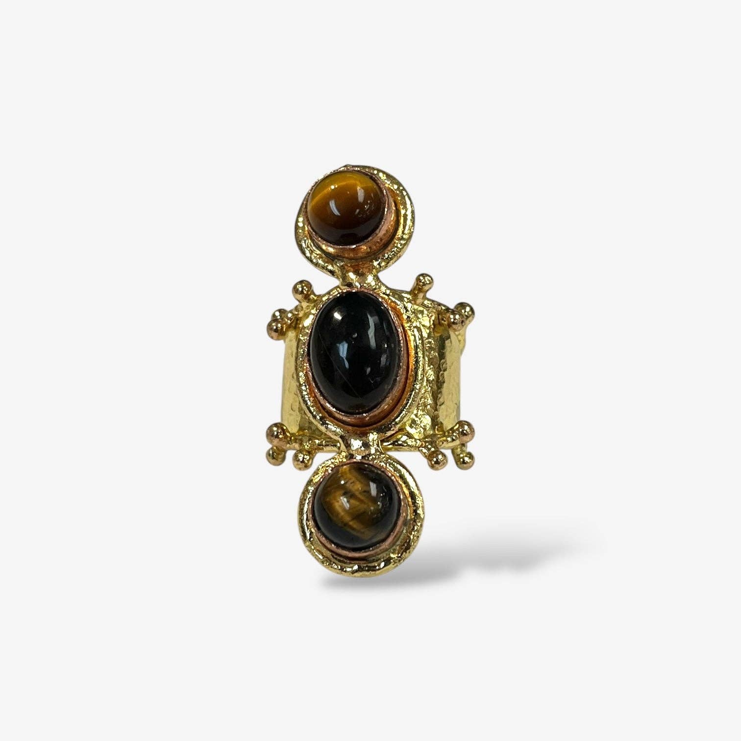 Aurora Luxe Gemstone Ring with polished dark and amber stones set in an intricate textured gold band design