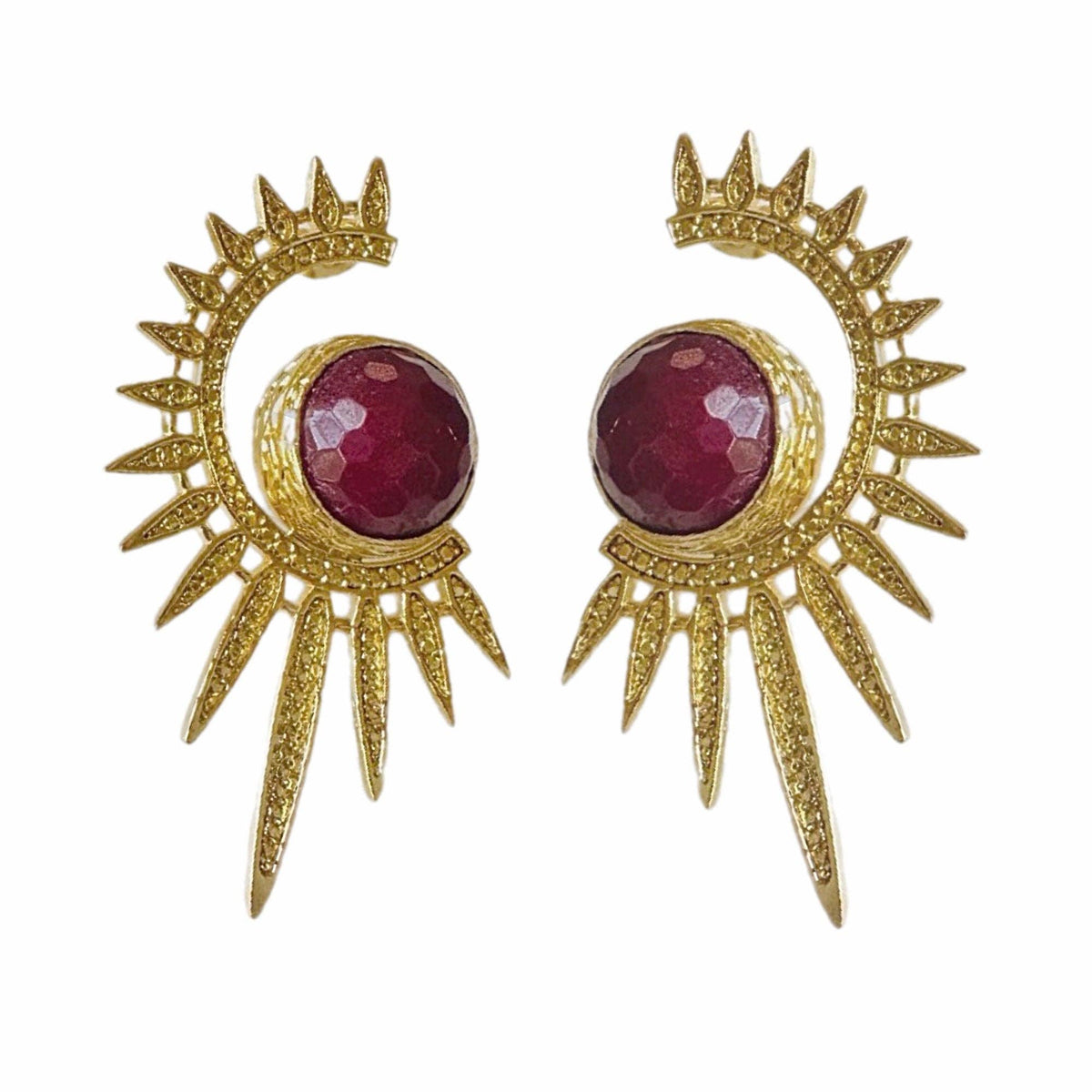 Sabira Ruby Crescent Sunburst Earrings with gold tone sunburst details and deep red gemstones