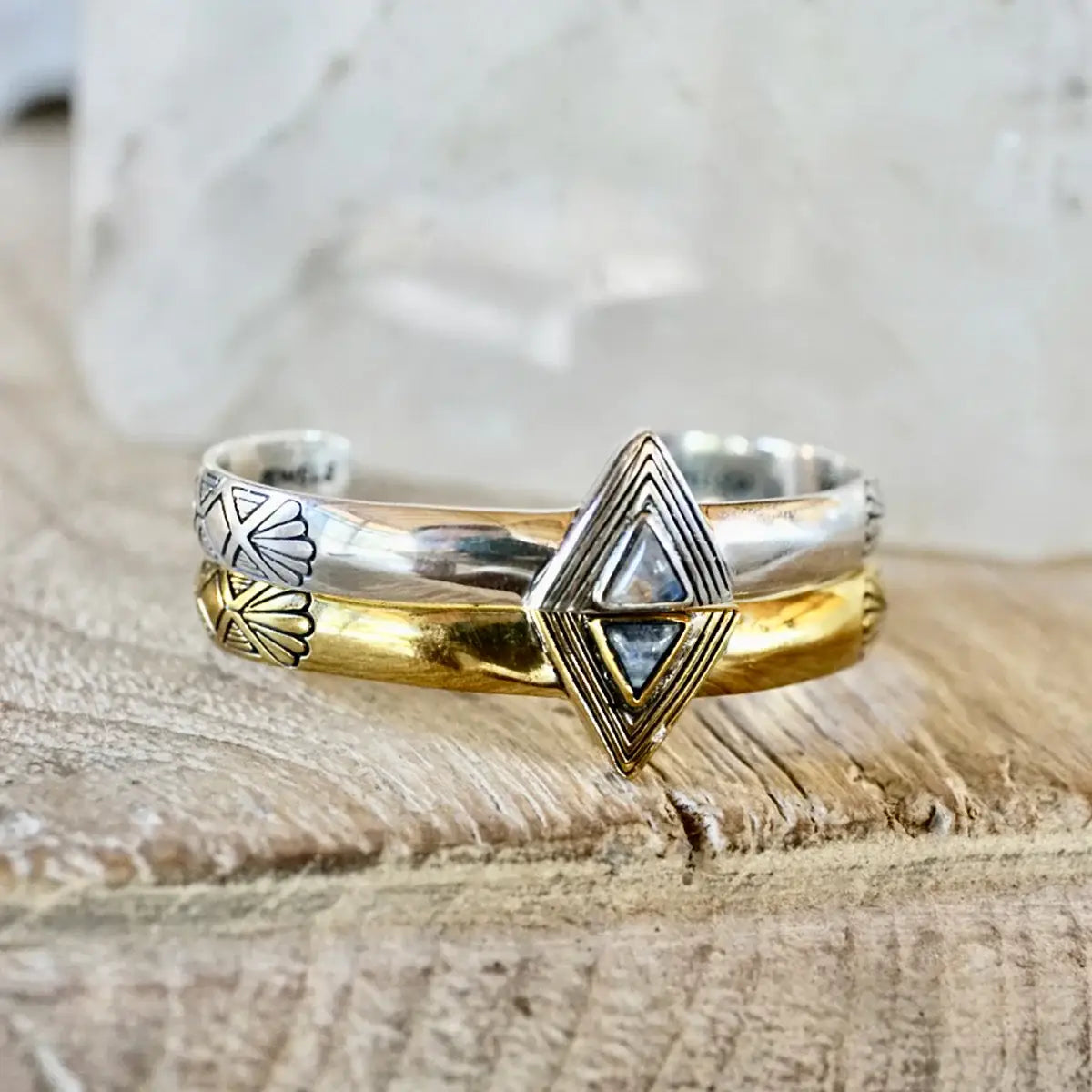 Hold Space Cuff featuring intricate geometric design in mixed metals, perfect for adding unique artisan flair.