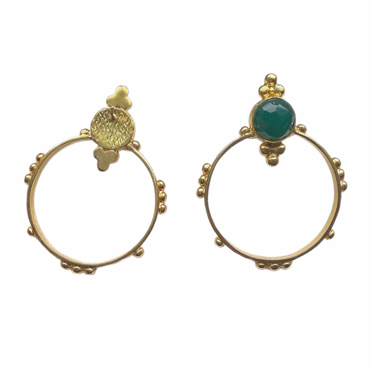 Surya Gold and Emerald Hoops with gold circular frames and green gemstone detail