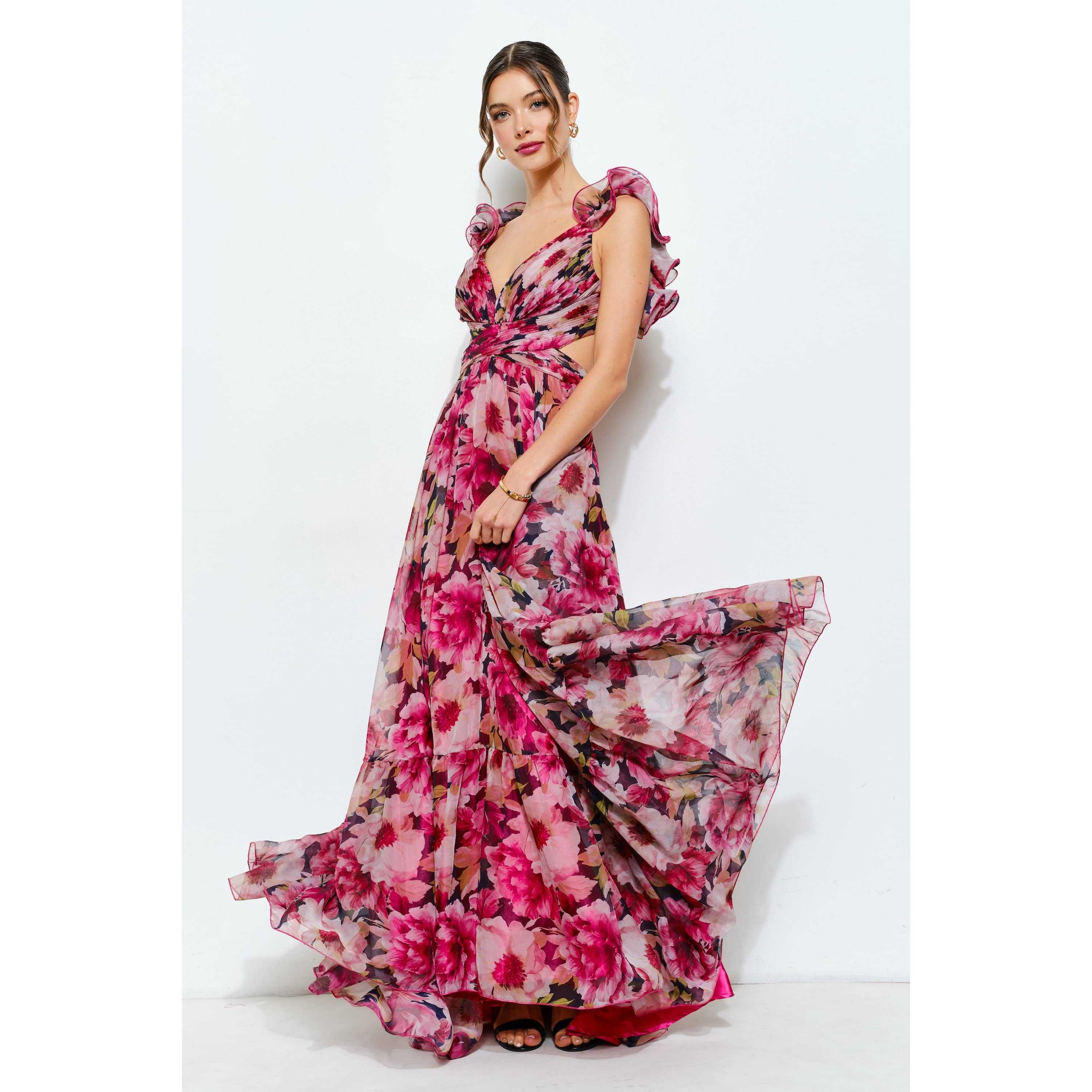 Ruffled Lace-Up Back Floral Maxi Dress