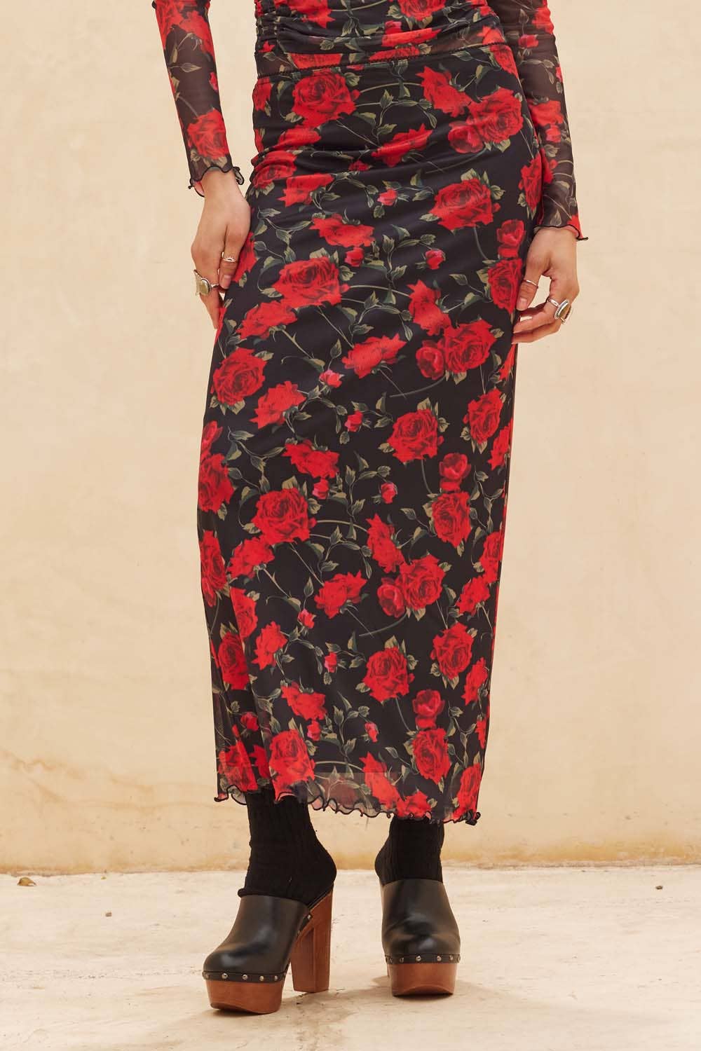 Floral-Print Mesh Straight Maxi Skirt