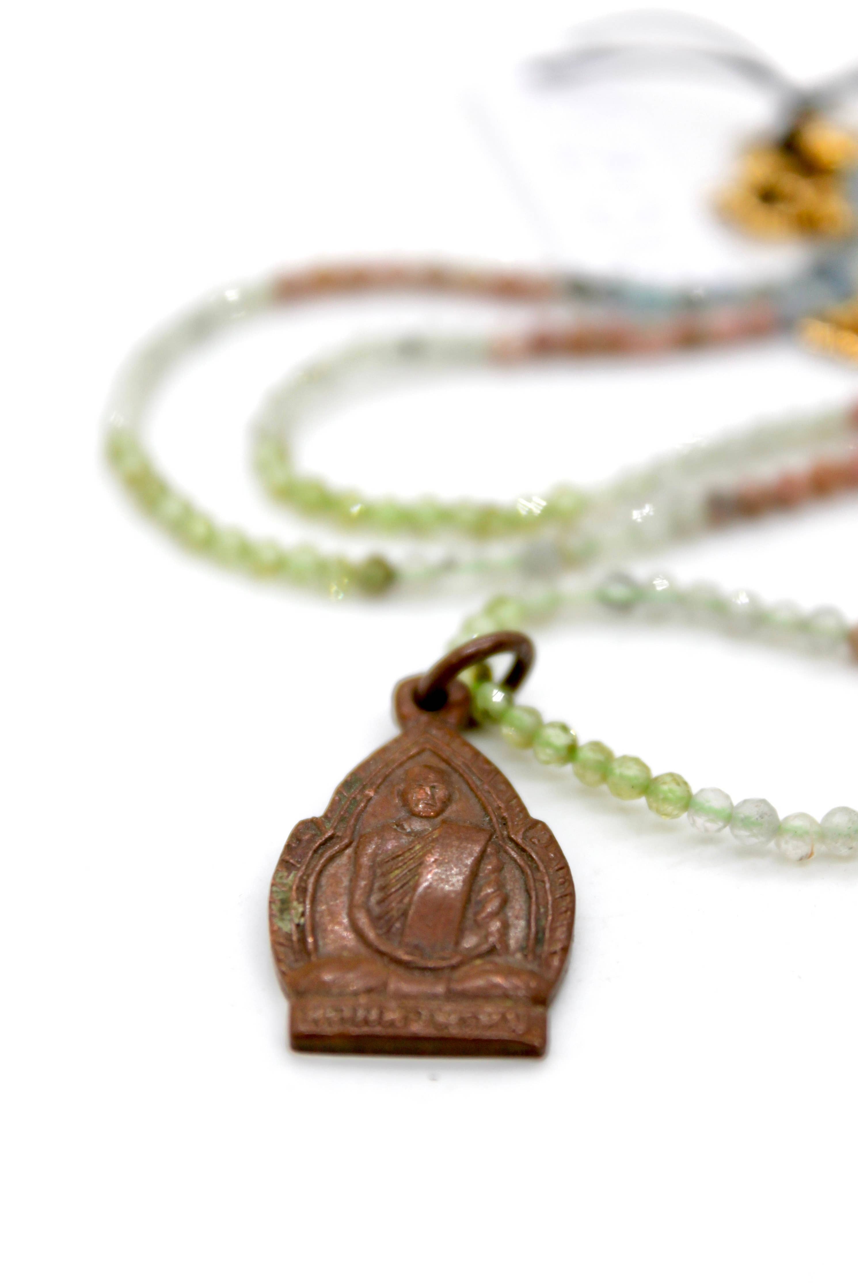 Buddha Necklace 120 - Mini Faceted Semi Precious Stone Necklace with bronze Buddha pendant and green beads