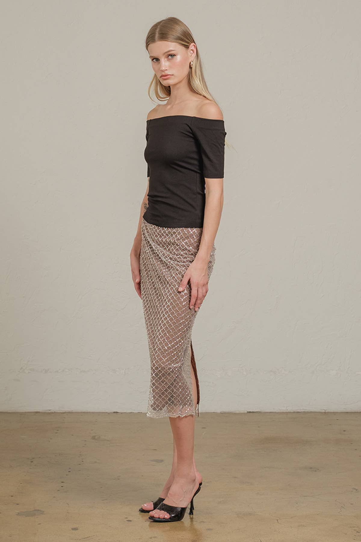 Beaded Midi Skirt with Back Slit & Zipper