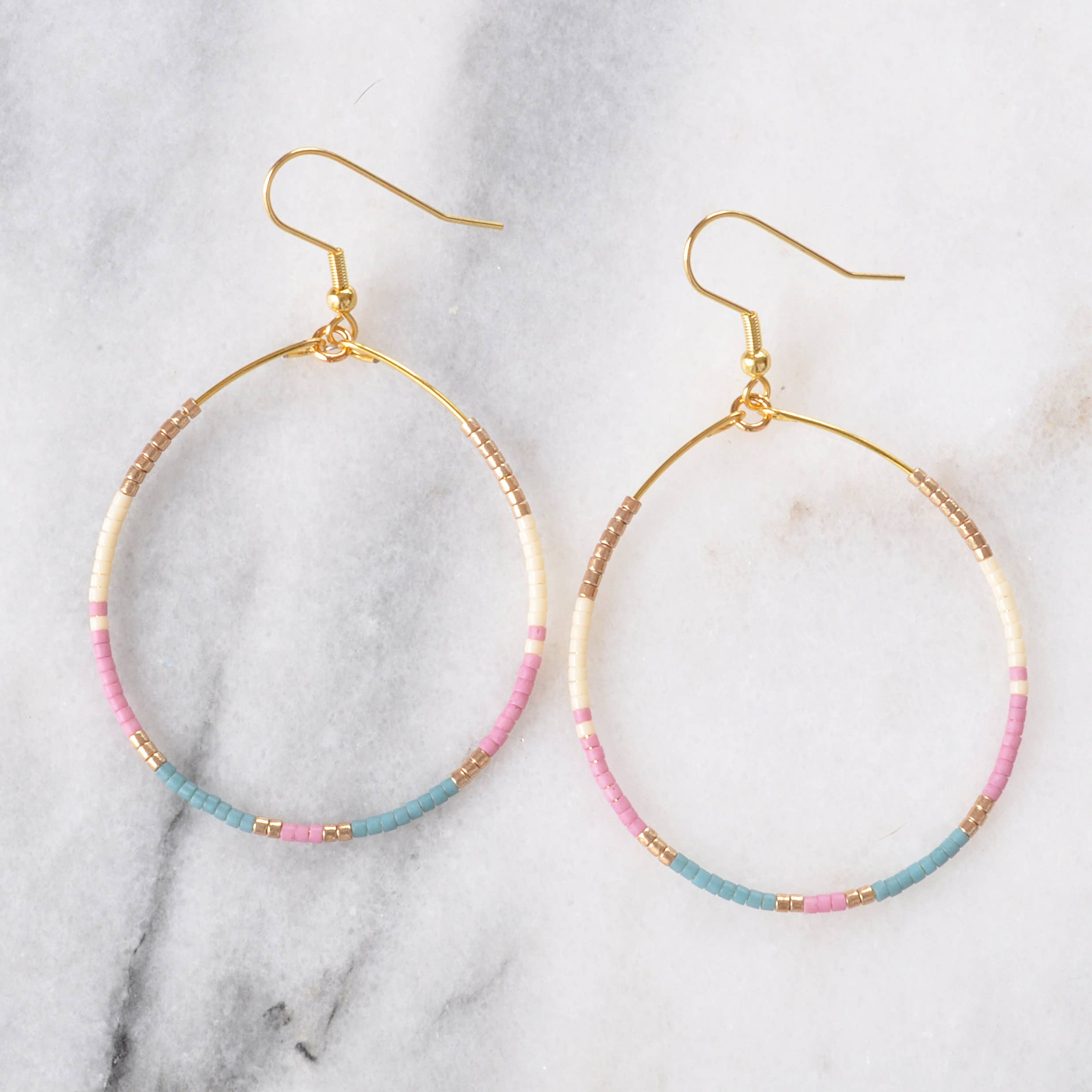 Large Gold Beaded Dangle Hoop Earrings
