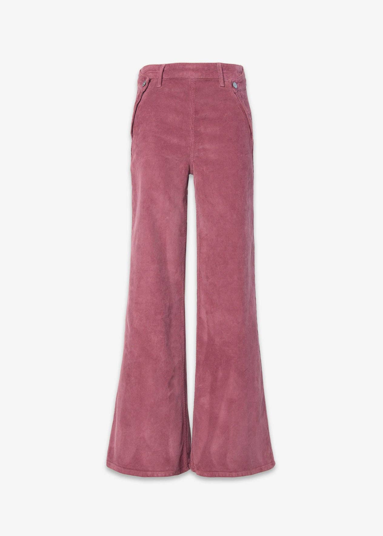 The Dina High Waisted Wide Corduroy pants by Noend Denim feature a deep merlot hue, wide-leg fit, front pockets, belt loops, and a sleek side zipper, shown against a white background.