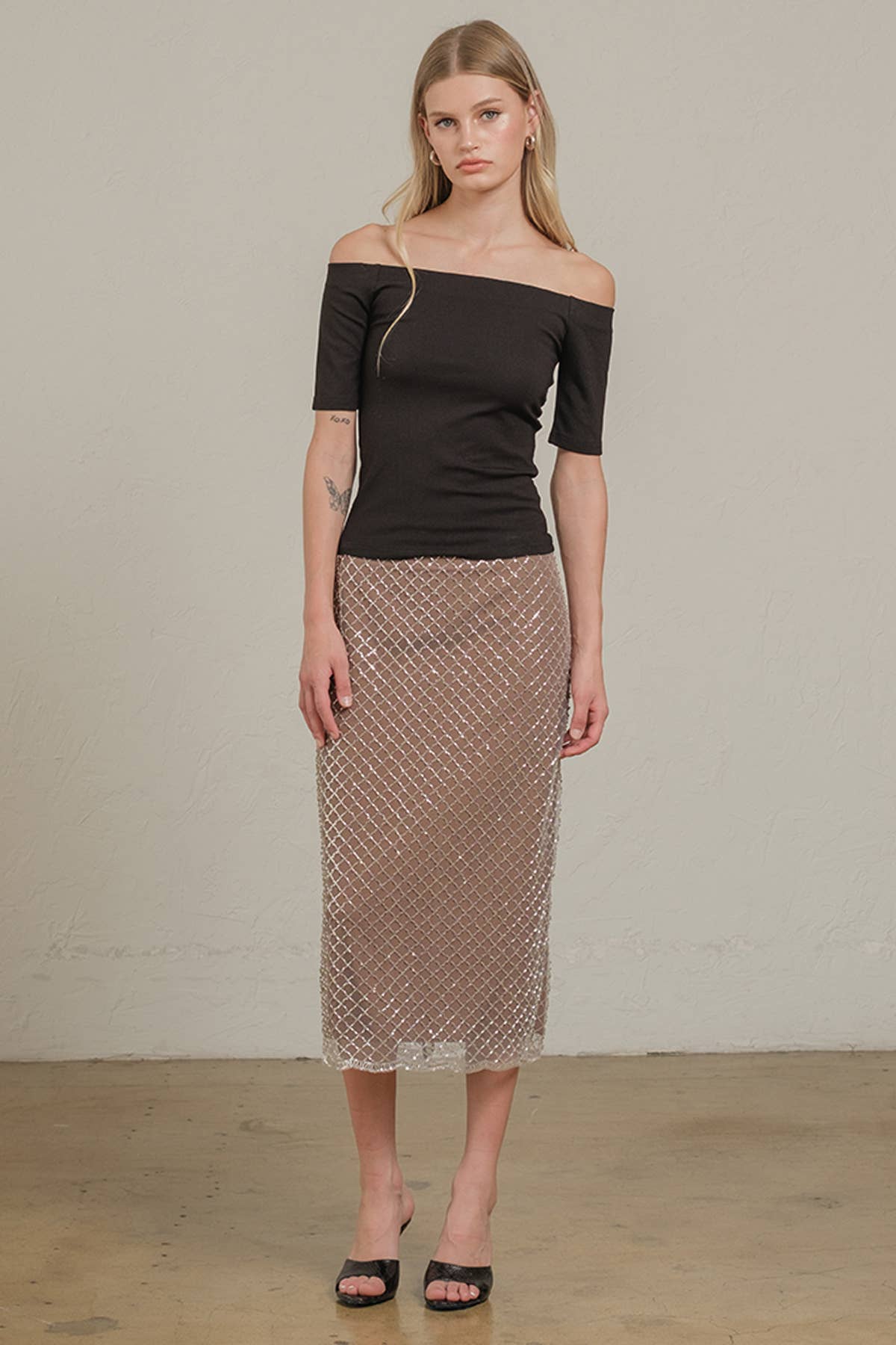 Beaded Midi Skirt with Back Slit & Zipper