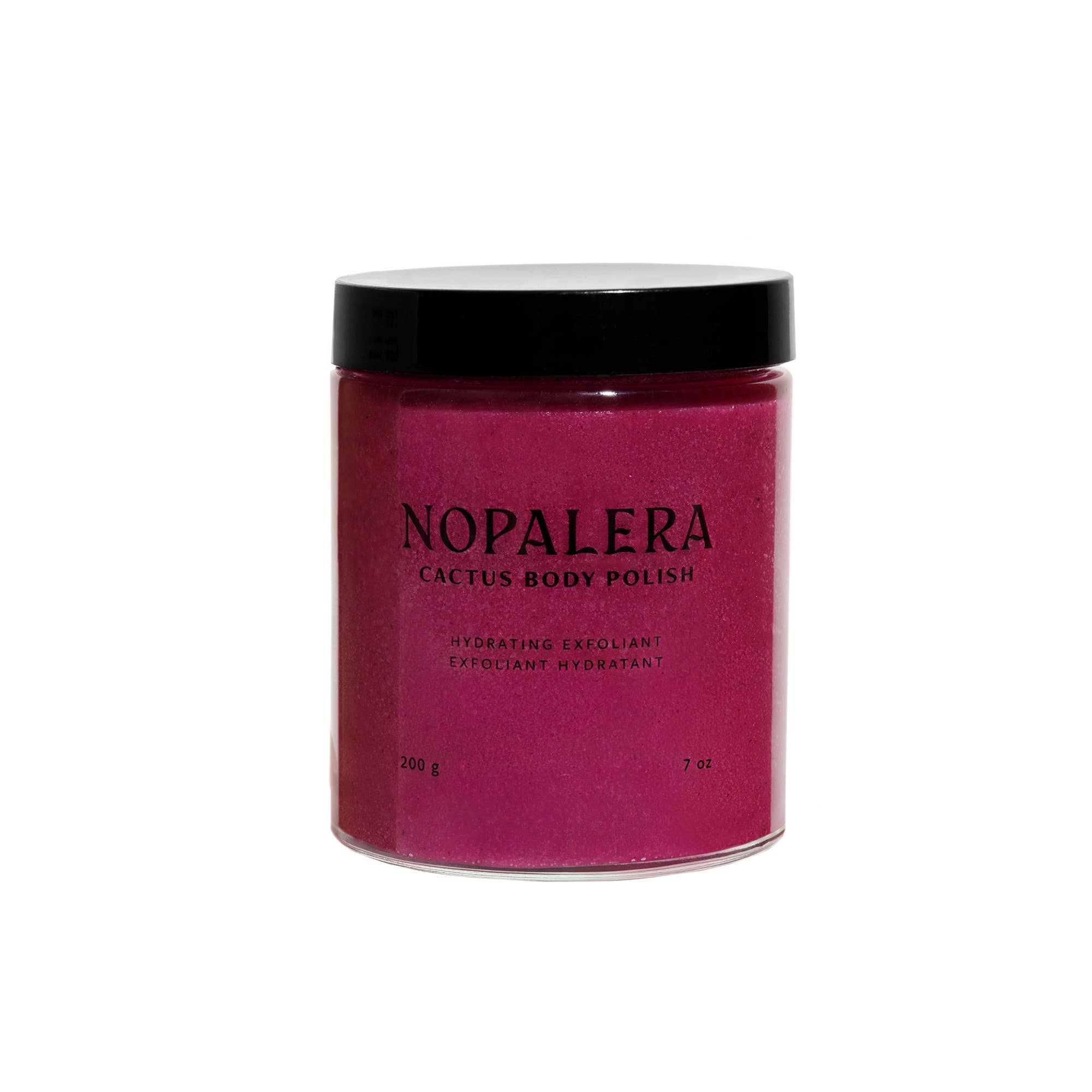 Clear jar with bright pink Hibiscus Cactus Body Polish and a black lid against white background