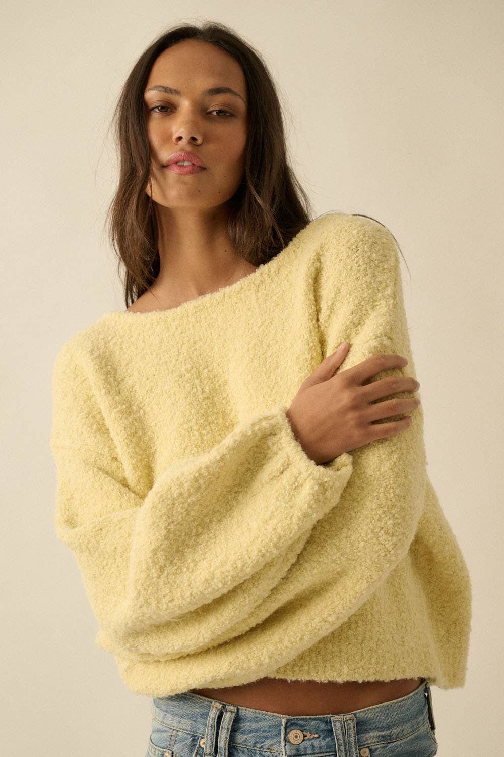 Textured Knit Bubble-Sleeve Sweater