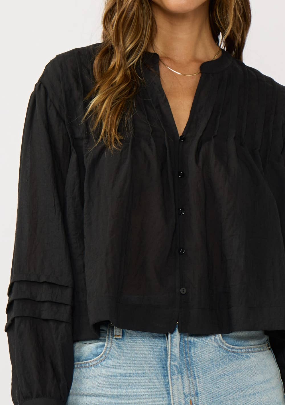 Pintuck Pleated Button-Down Blouse: White / S