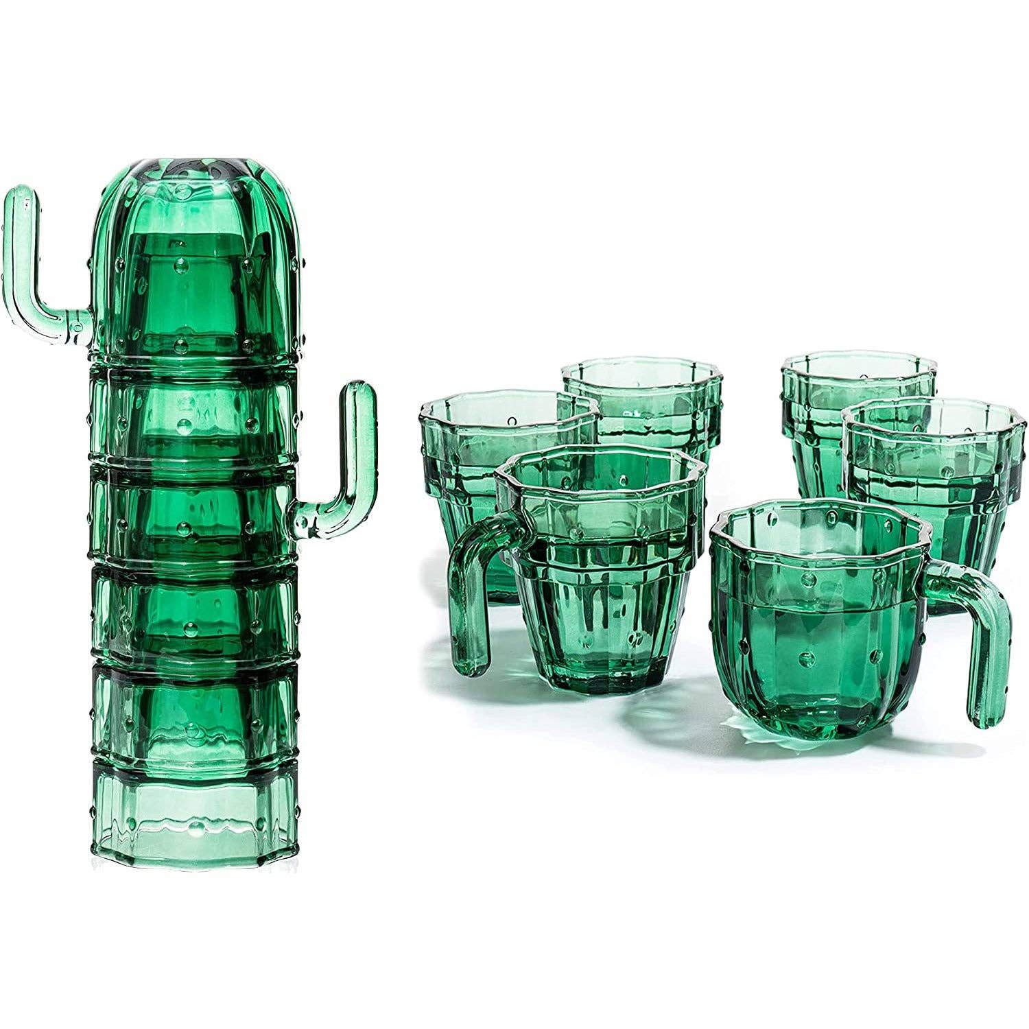 Cactus Stackable Glasses, Glass Green Cactus Cups - 6 Set