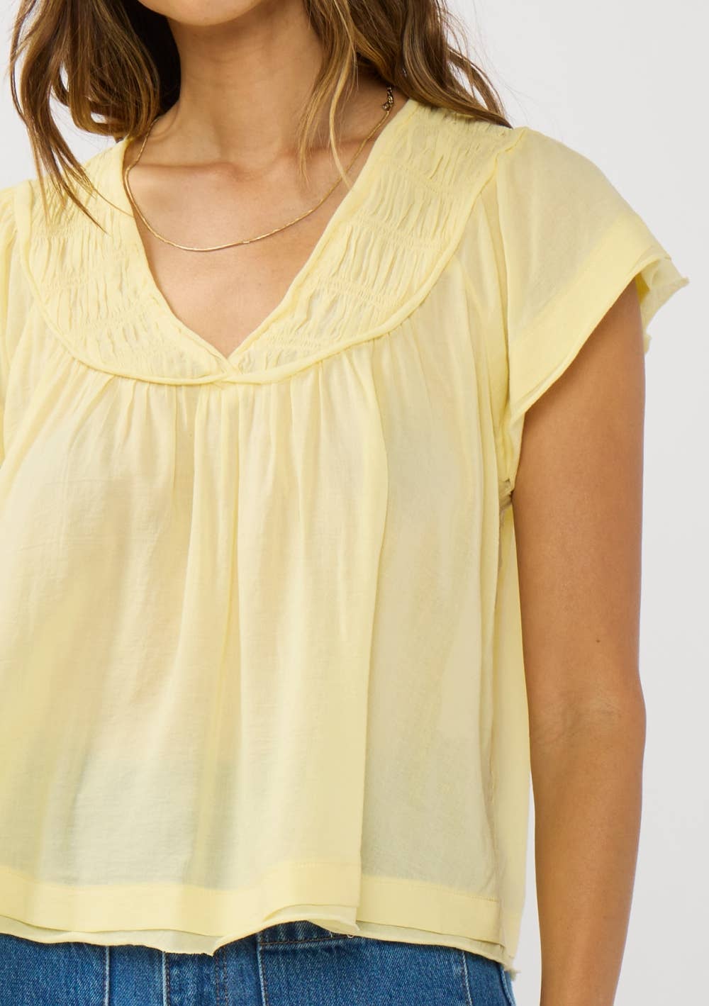 V-Neck Flutter Sleeve Smocked Yoke Top