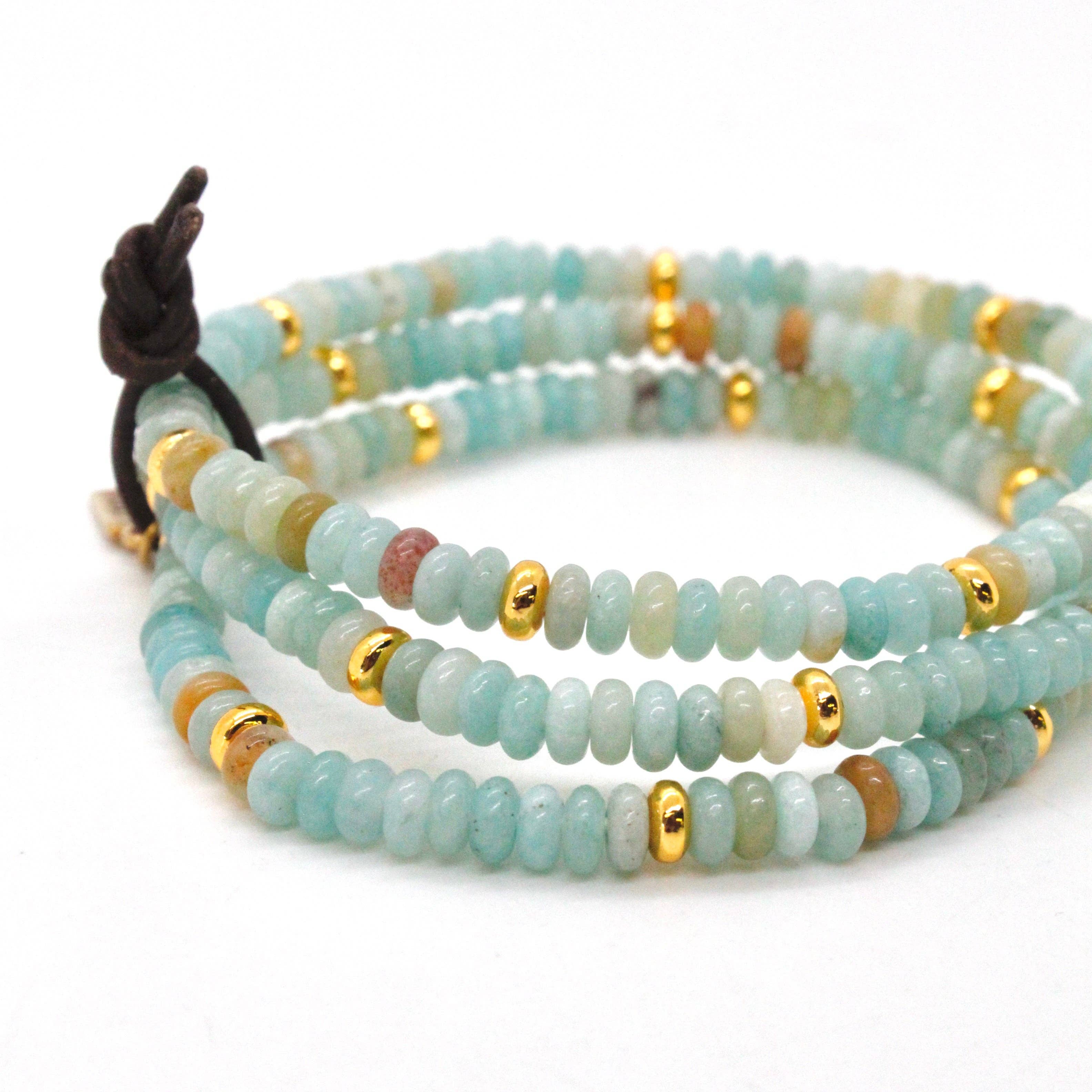 Amazonite bead bracelet with gold accents in a wrap style, showcasing the Amazonite + Gold Bracelet Bundle design