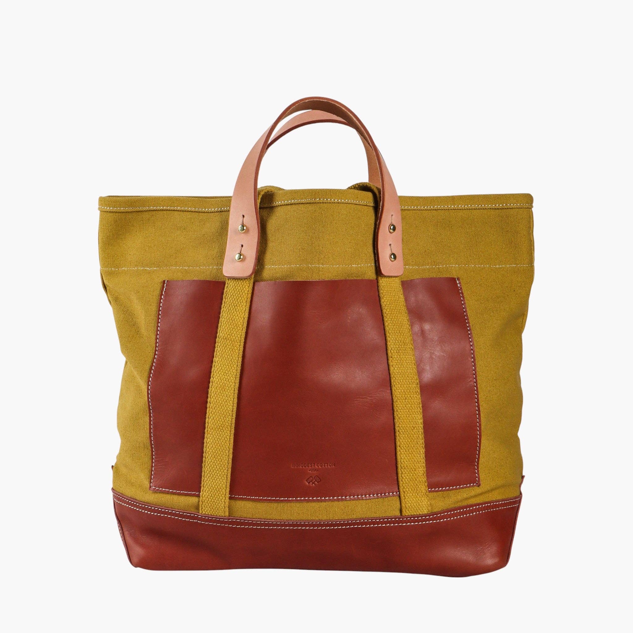 Editor Tote | Chartreuse + Bordeaux canvas tote with leather handles and accents, blending style with everyday practicality