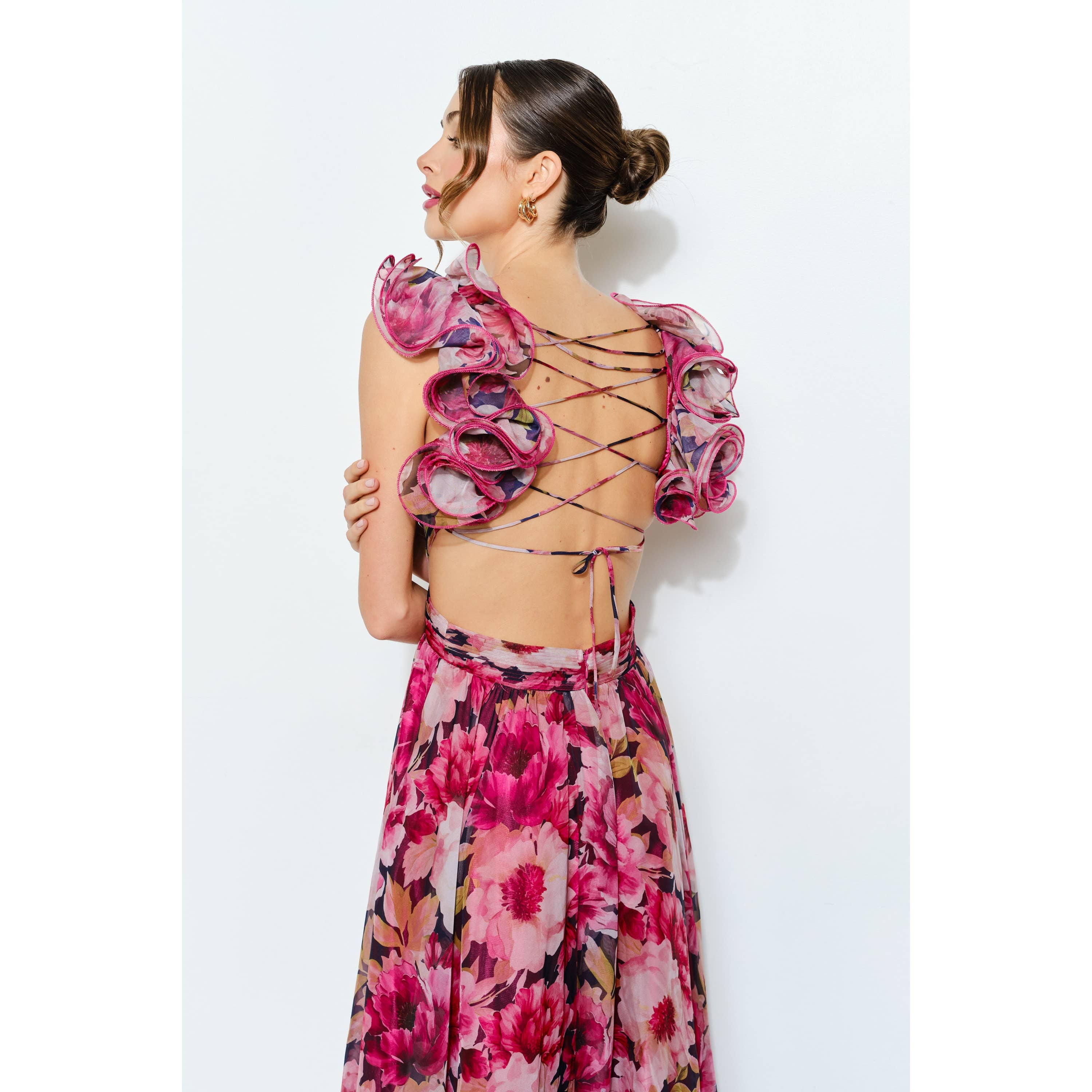Ruffled Lace-Up Back Floral Maxi Dress