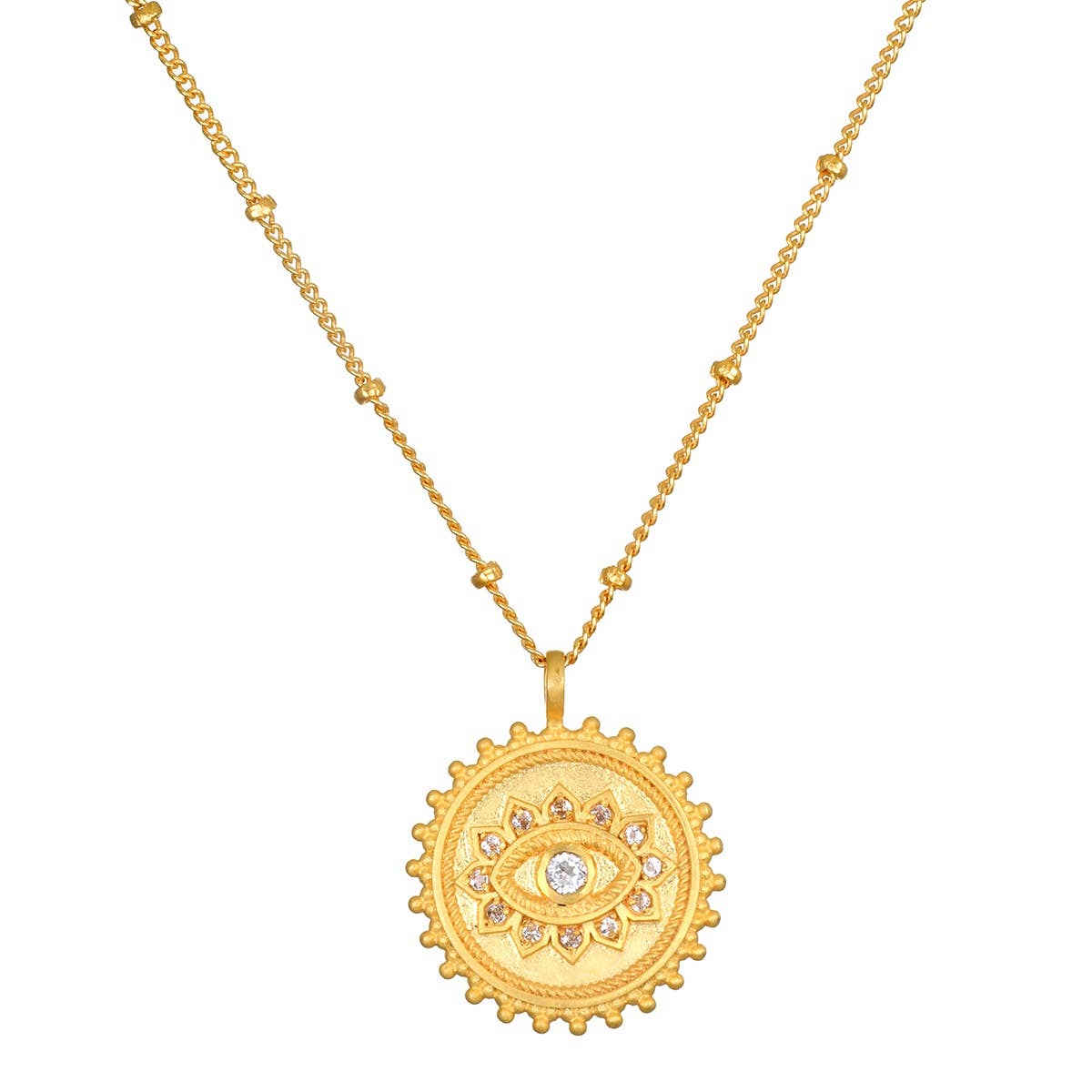 The Satya Jewelry True Visionary White Topaz Evil Eye Necklace 18" features a textured round pendant with sparkling white topaz on an 18k gold plated chain, accented with delicate beads.