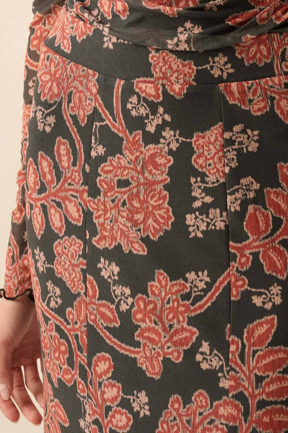Floral-Print Mesh Godet Mermaid Maxi Skirt