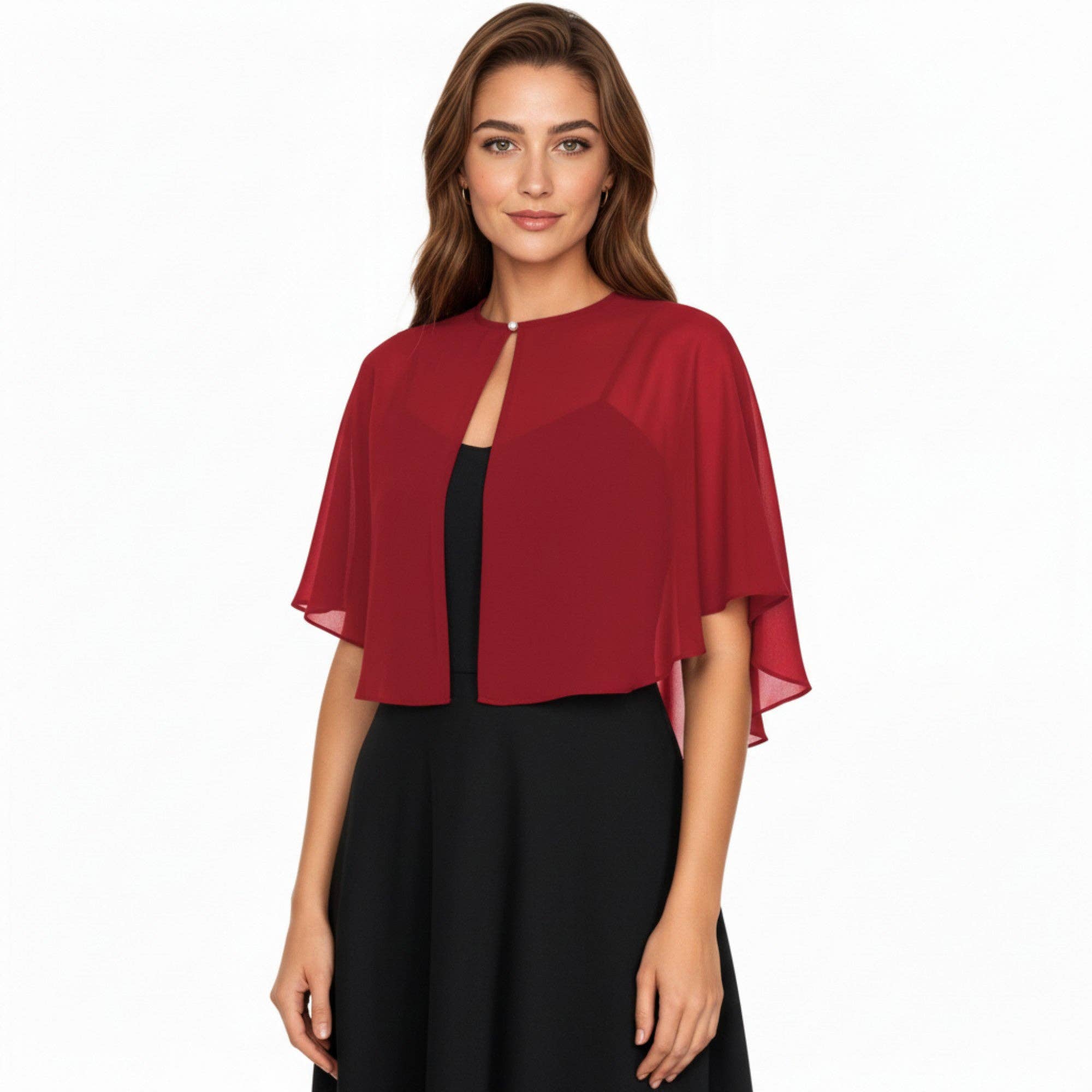 Sheer Flutter Sleeve Capelet Topper with Flowing Layered Sil
