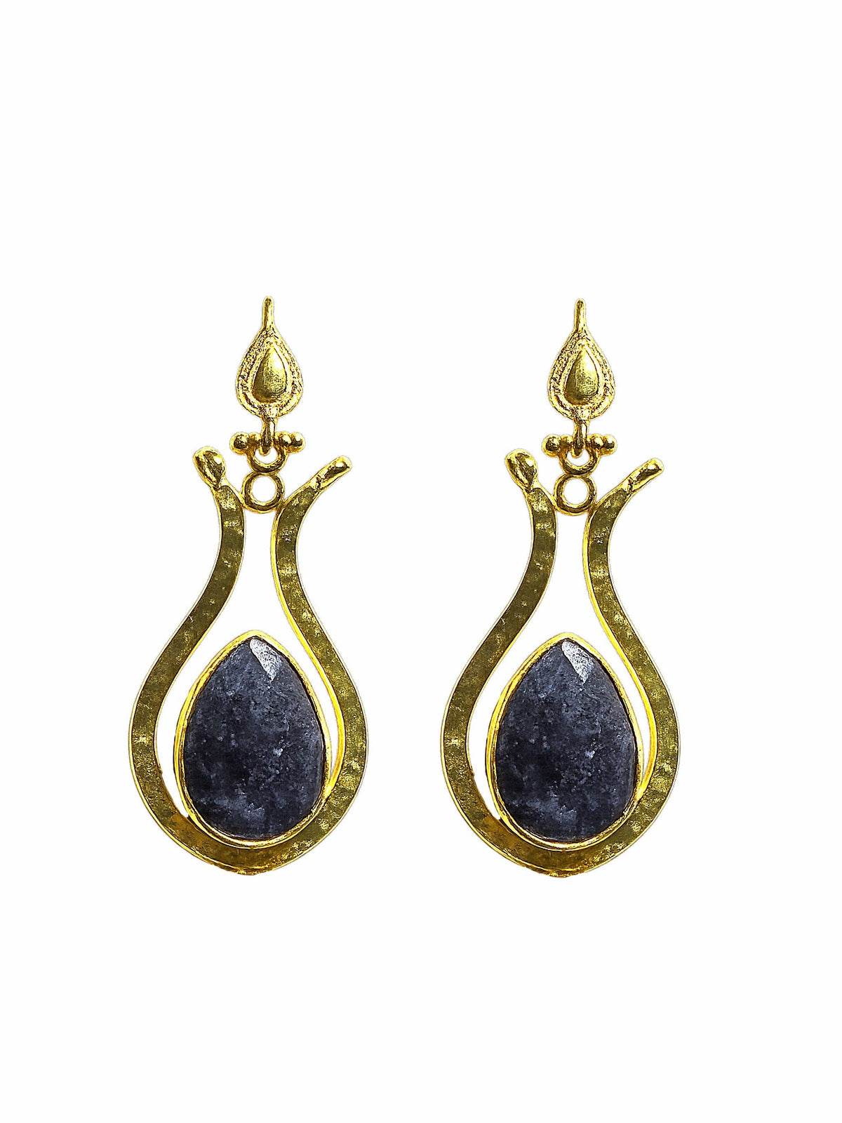 Lapis Lazuli and Gold Drop Earrings with teardrop stones and ornate gold filigree
