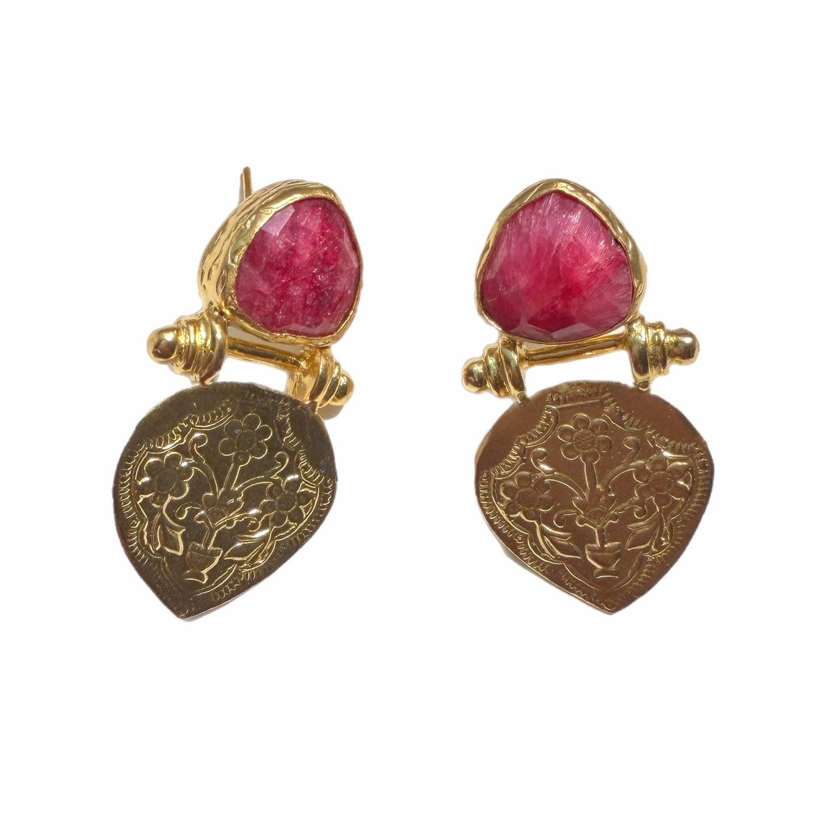 Ayda Ruby Earrings with faceted ruby stones and ornate gold toned floral drops
