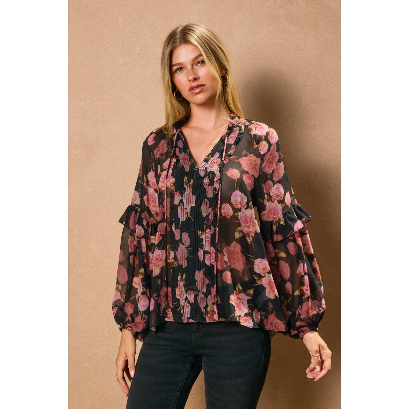 Obsidian Rose Pleated Ruffled Blouse