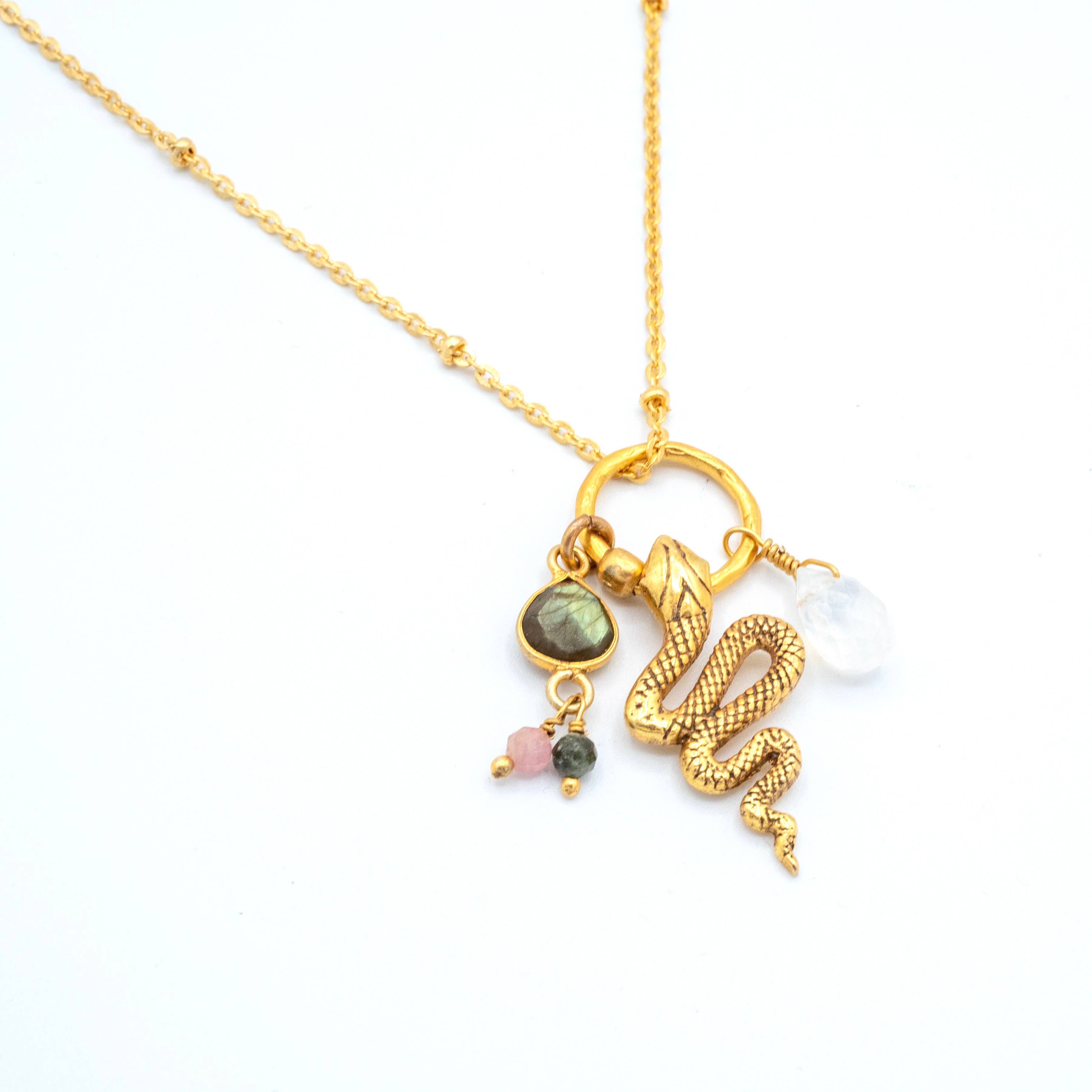 Gold Plated Snake & Gemstone Charm Necklace