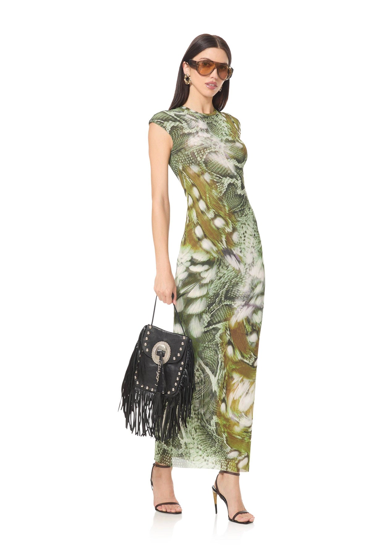 Mylo Dress - Vintage Snake Swirl green snake print midi dress styled with sunglasses and a fringe handbag