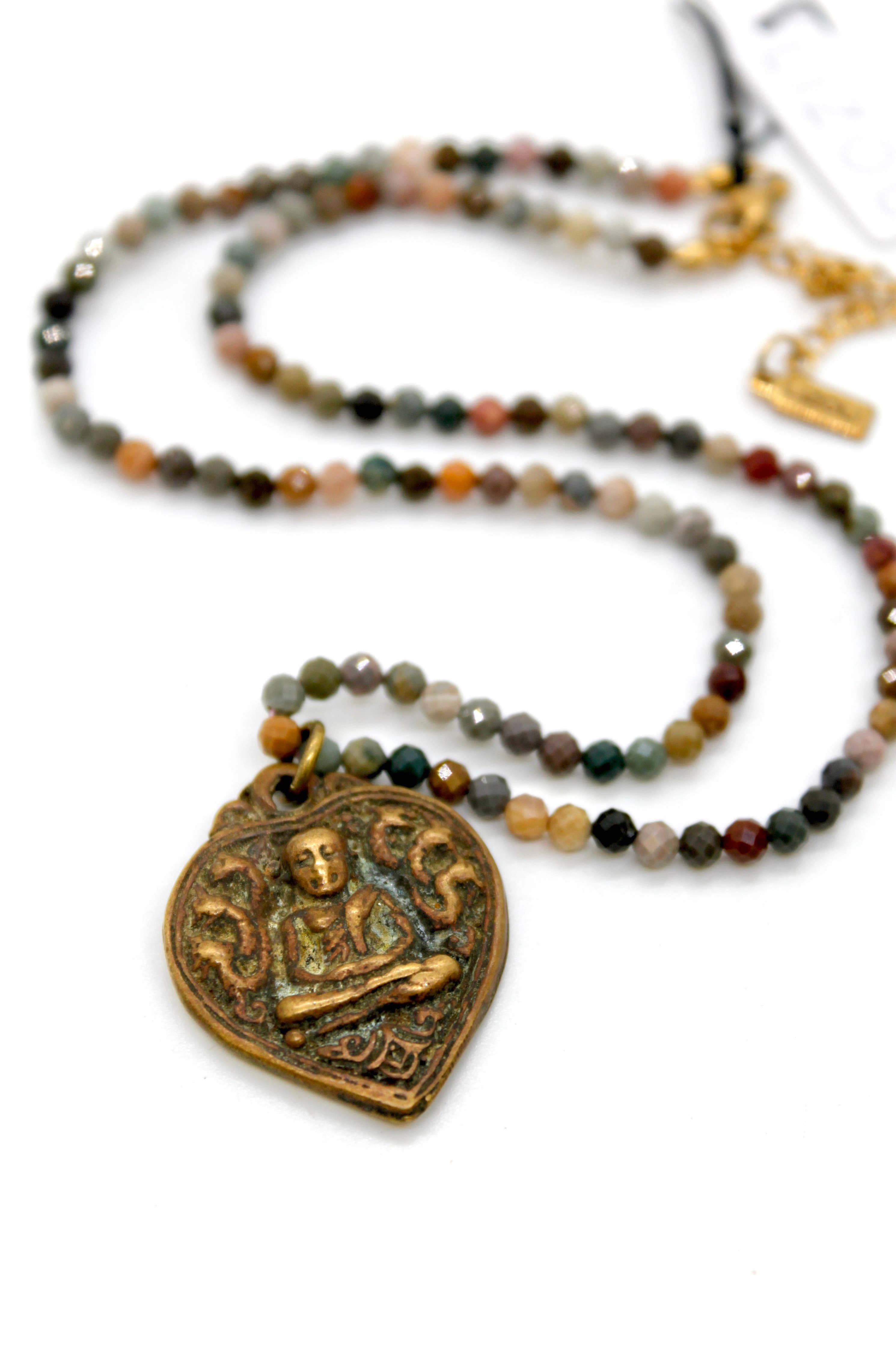 Buddha Necklace 121 - Faceted Alashan Agate Stone Necklace with multicolored beads and bronze Buddha pendant.