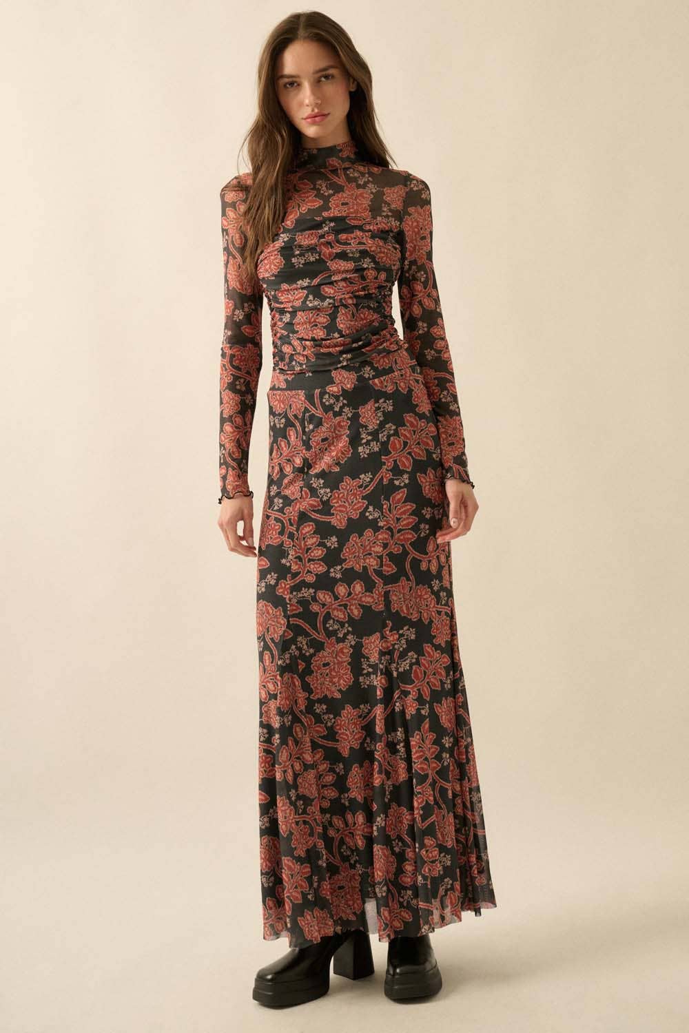Floral-Print Mesh Godet Mermaid Maxi Skirt