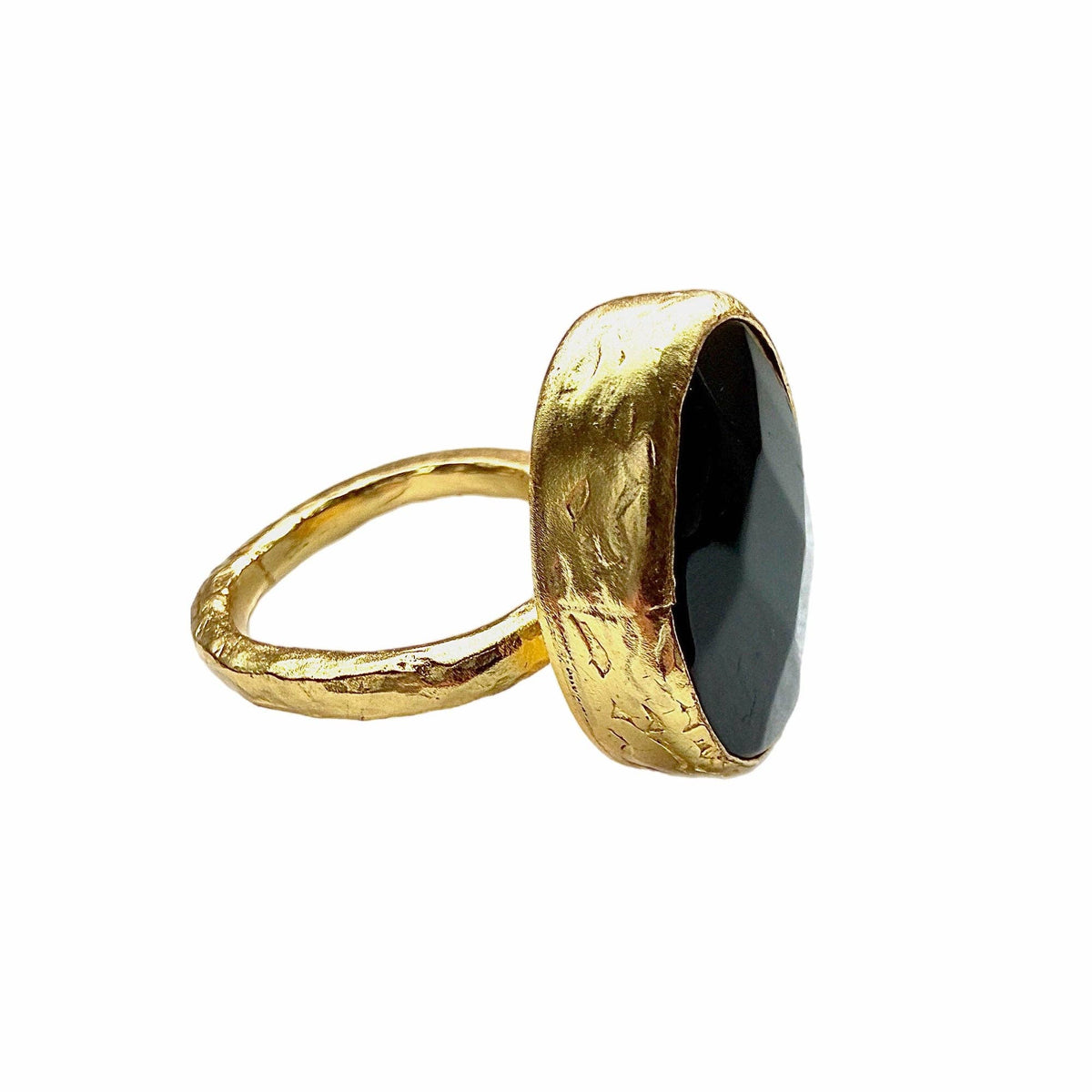 Oval Gold and Onyx Ring (Small) with textured gold band and polished black onyx stone