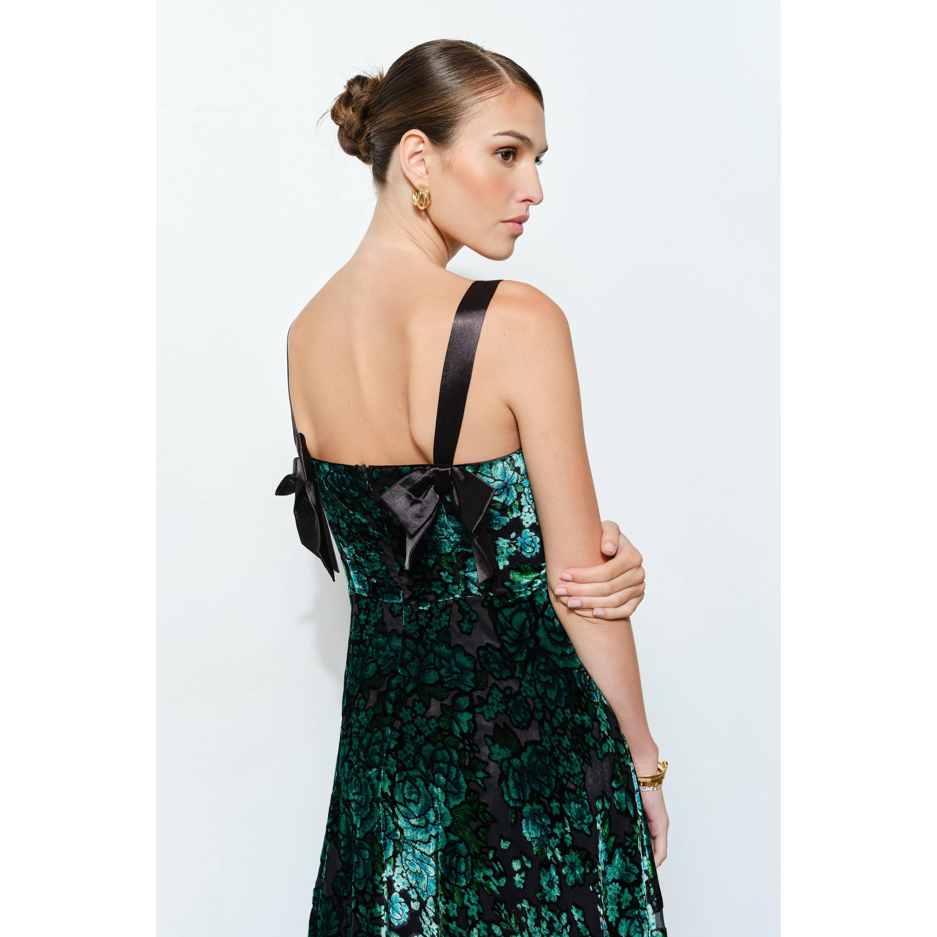 Velvet Floral Bow-Back A-Line Maxi Dress