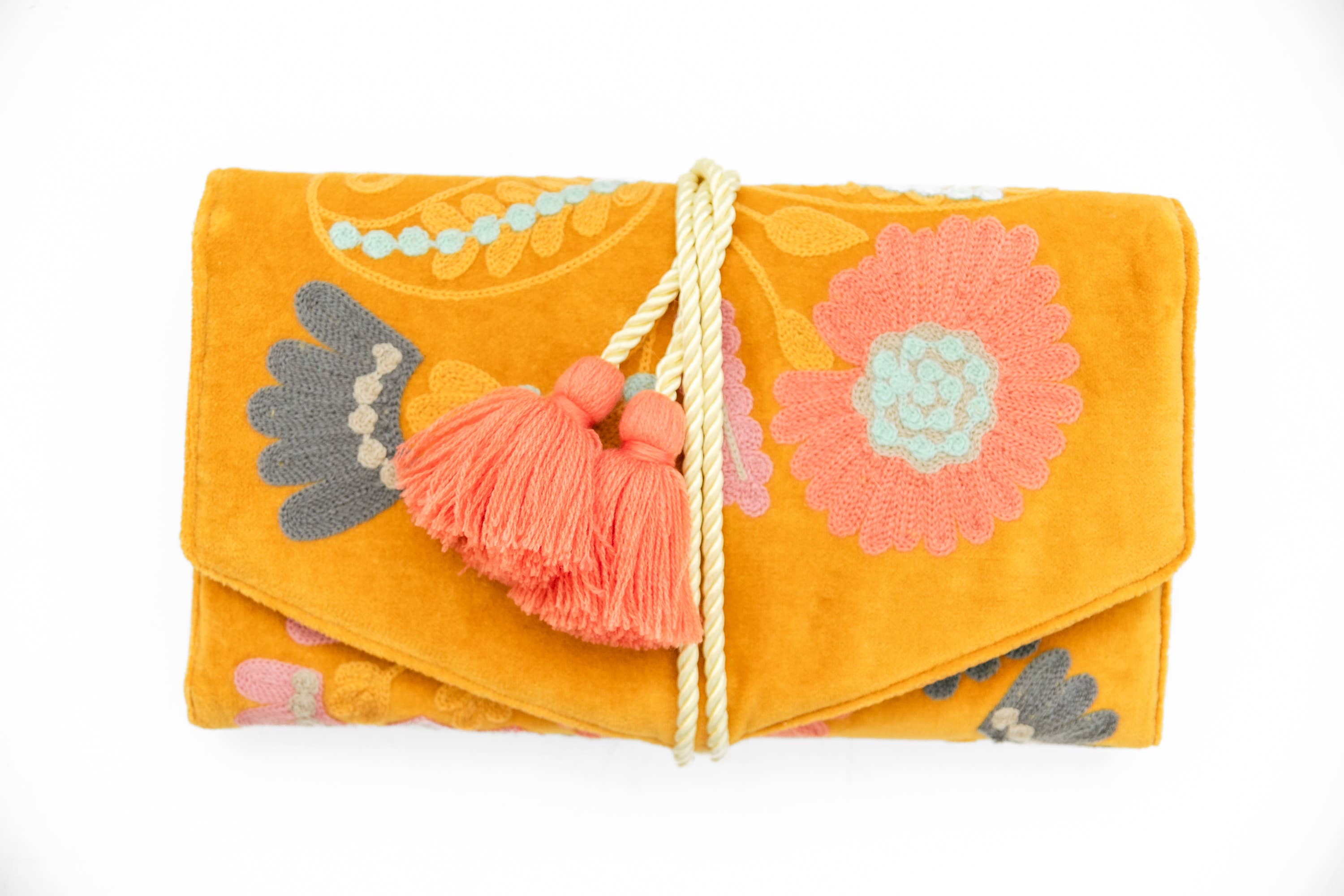 Embroidered Velvet Jewelry Organizer-Mustard with floral designs and coral tassel ties in soft velvet fabric.