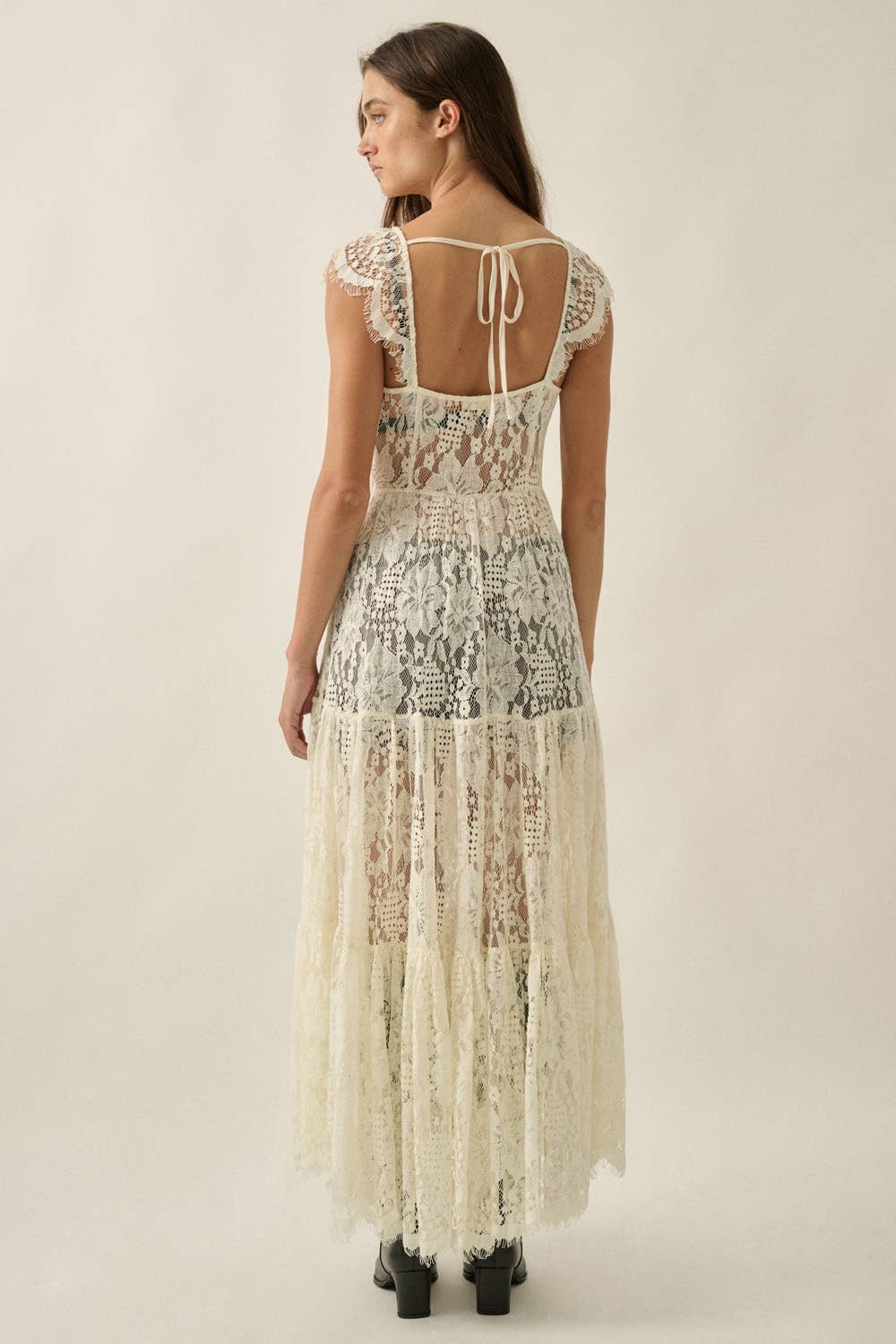 Sheer Floral Lace Button-Front Tiered-Ruffle Maxi Top