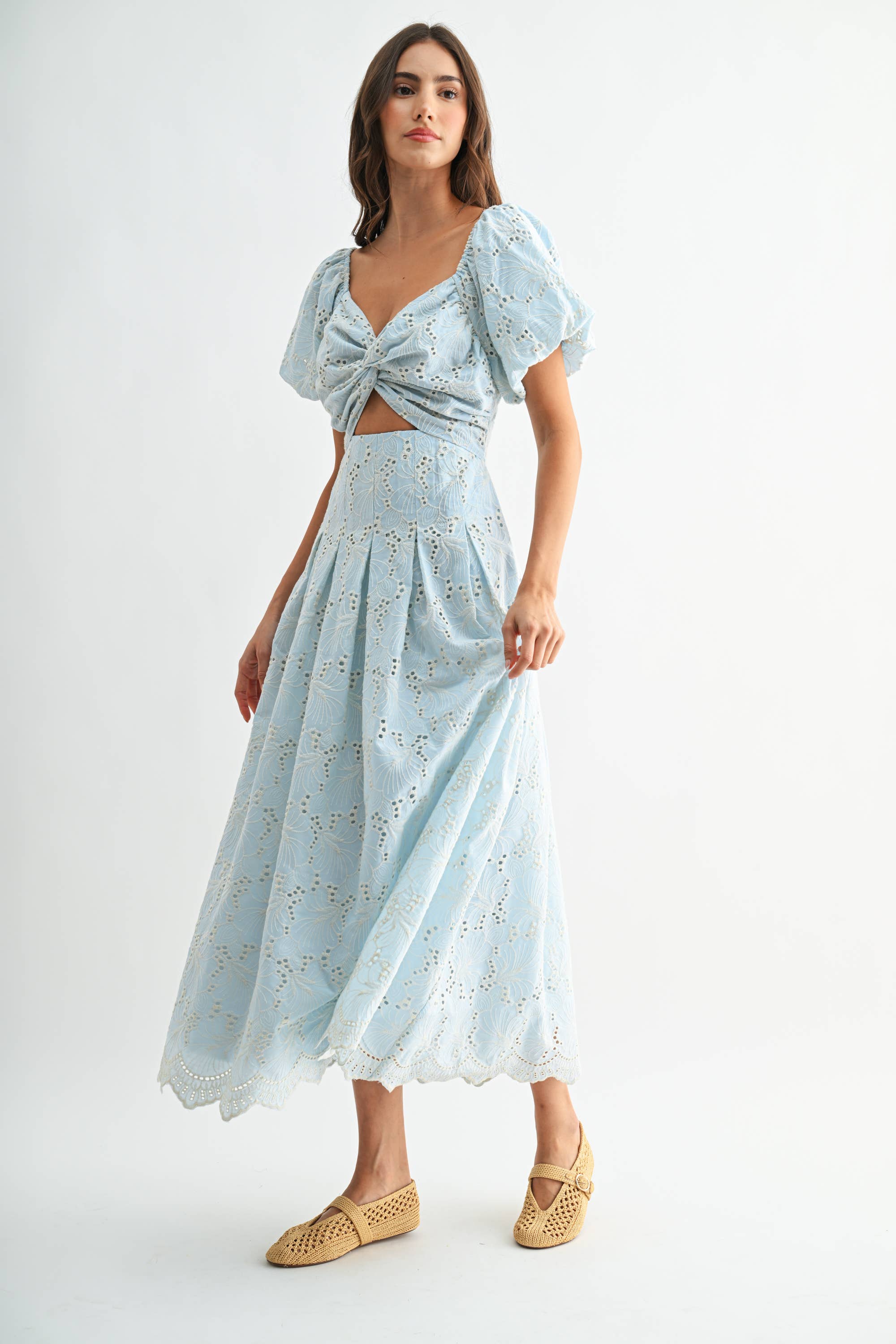 Eyelet Puff Sleeve Maxi Dress with Twist Front